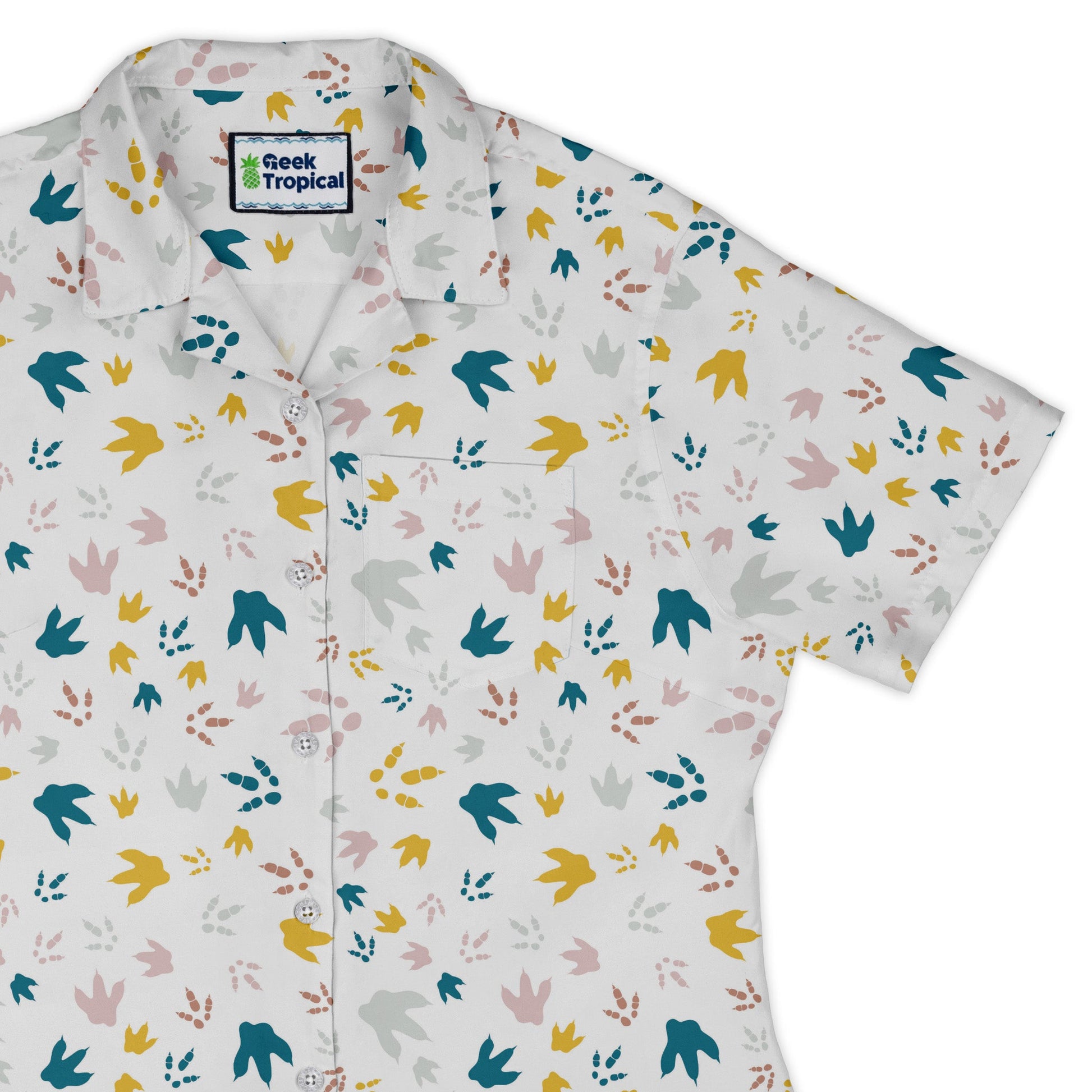 Dinosaur Footprint Tracks White Curvy Button Up Shirt Geek Nerd dinosaur print Simple Patterns women