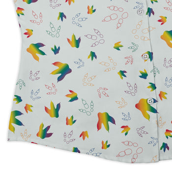 Dinosaur Footprints Rainbow Curvy Button Up Shirt Geek Nerd dinosaur print Pride Patterns women