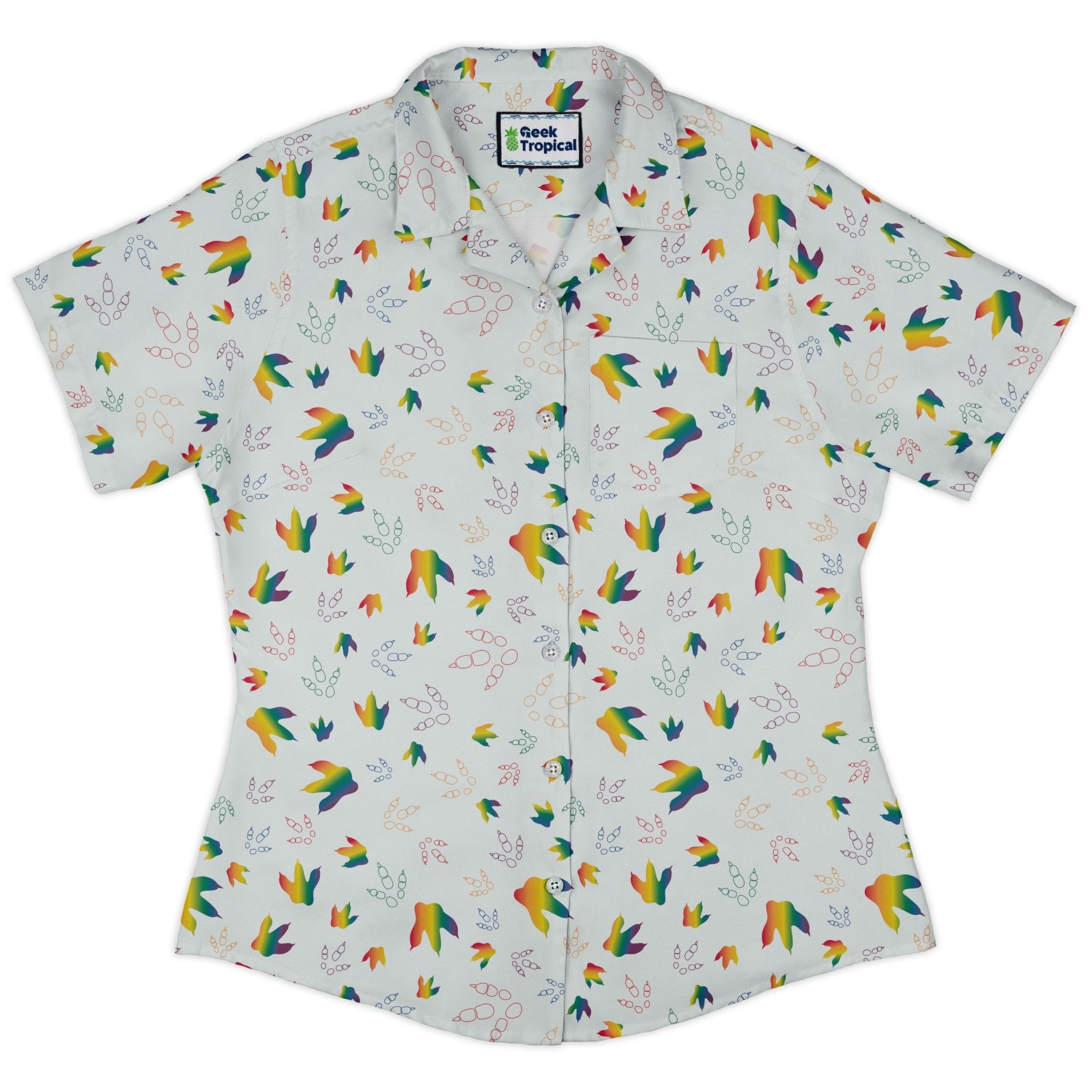 Dinosaur Footprints Rainbow Curvy Button Up Shirt Geek Nerd dinosaur print Pride Patterns women