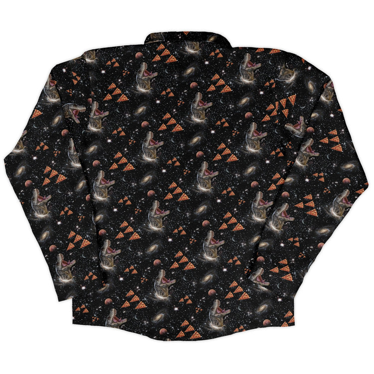 Dinosaur Galaxy Pizza Ships Long Sleeve Button Up Shirt Geek Nerd adult sizing Design by Random Galaxy dinosaur print