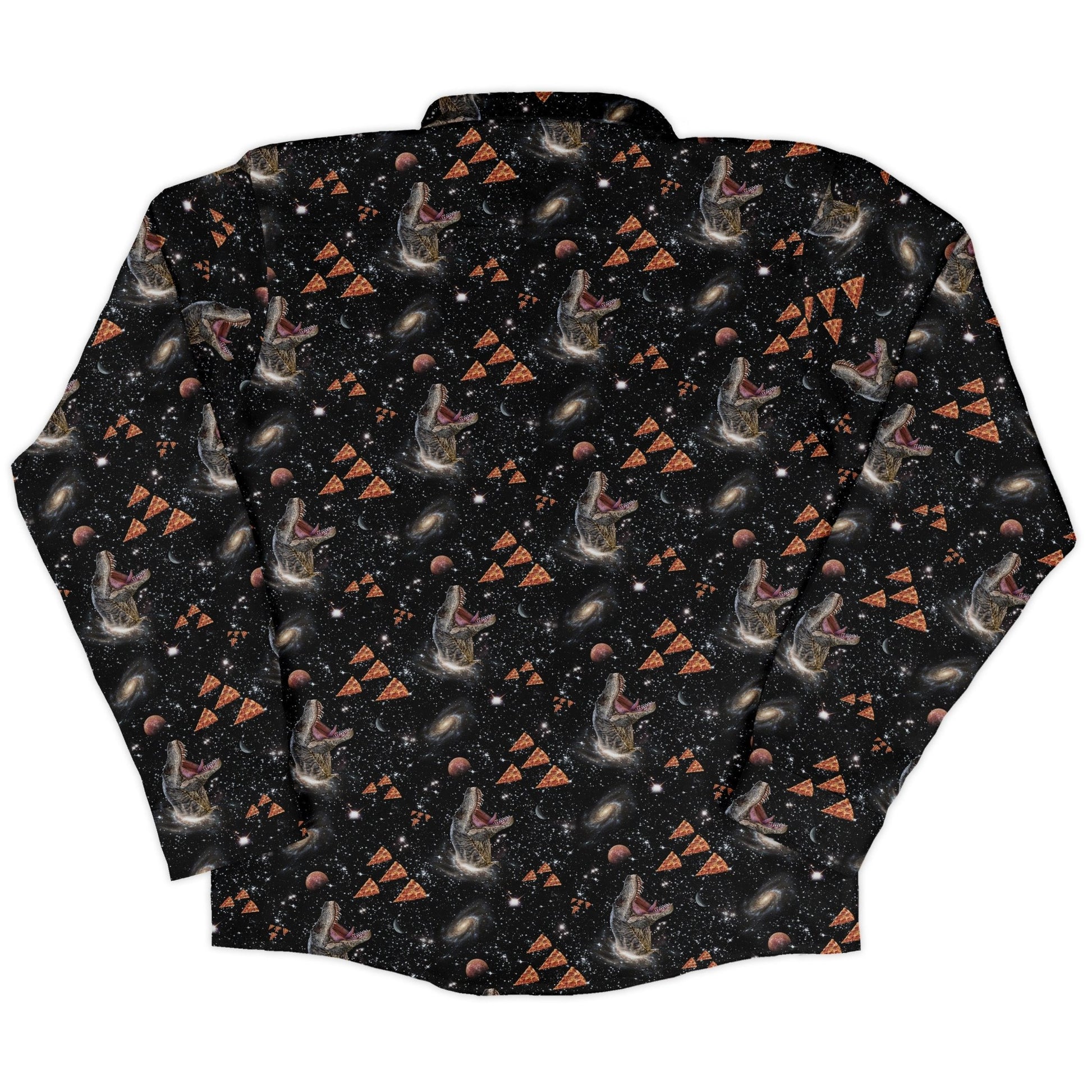 Dinosaur Galaxy Pizza Ships Long Sleeve Button Up Shirt Geek Nerd adult sizing Design by Random Galaxy dinosaur print