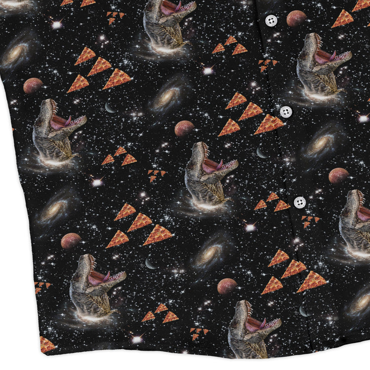 Dinosaur Galaxy Pizza Ships Long Sleeve Button Up Shirt Geek Nerd adult sizing Design by Random Galaxy dinosaur print
