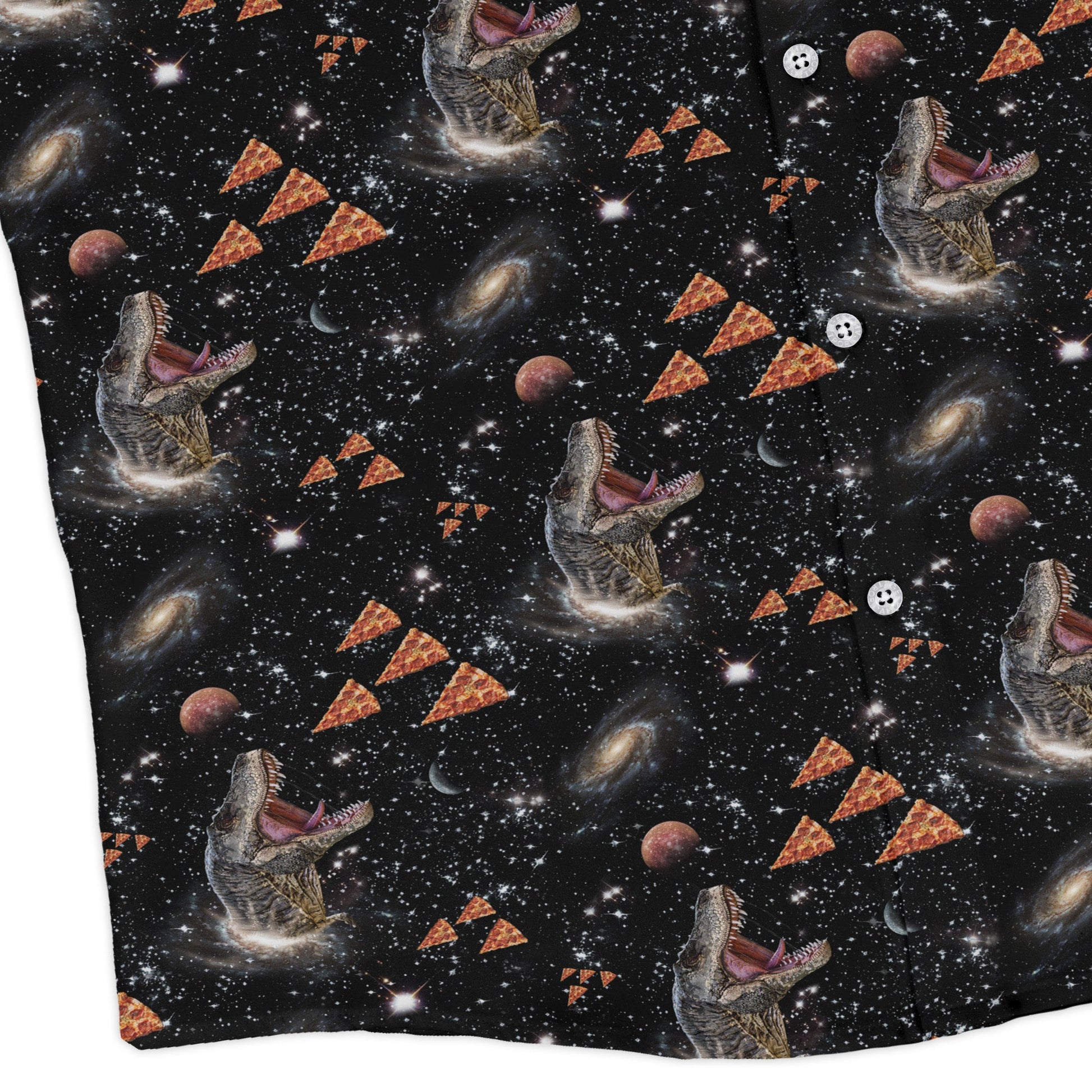 Dinosaur Galaxy Pizza Ships Long Sleeve Button Up Shirt Geek Nerd adult sizing Design by Random Galaxy dinosaur print