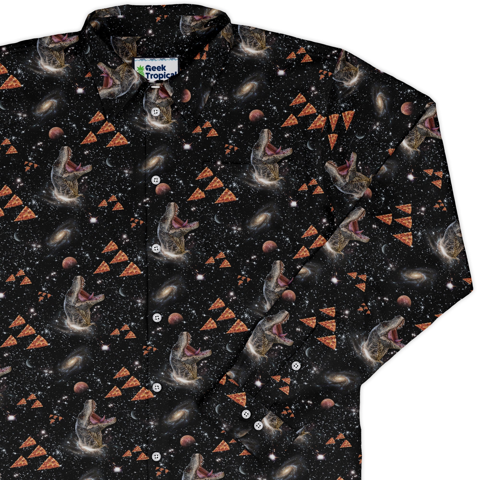 Dinosaur Galaxy Pizza Ships Long Sleeve Button Up Shirt Geek Nerd adult sizing Design by Random Galaxy dinosaur print