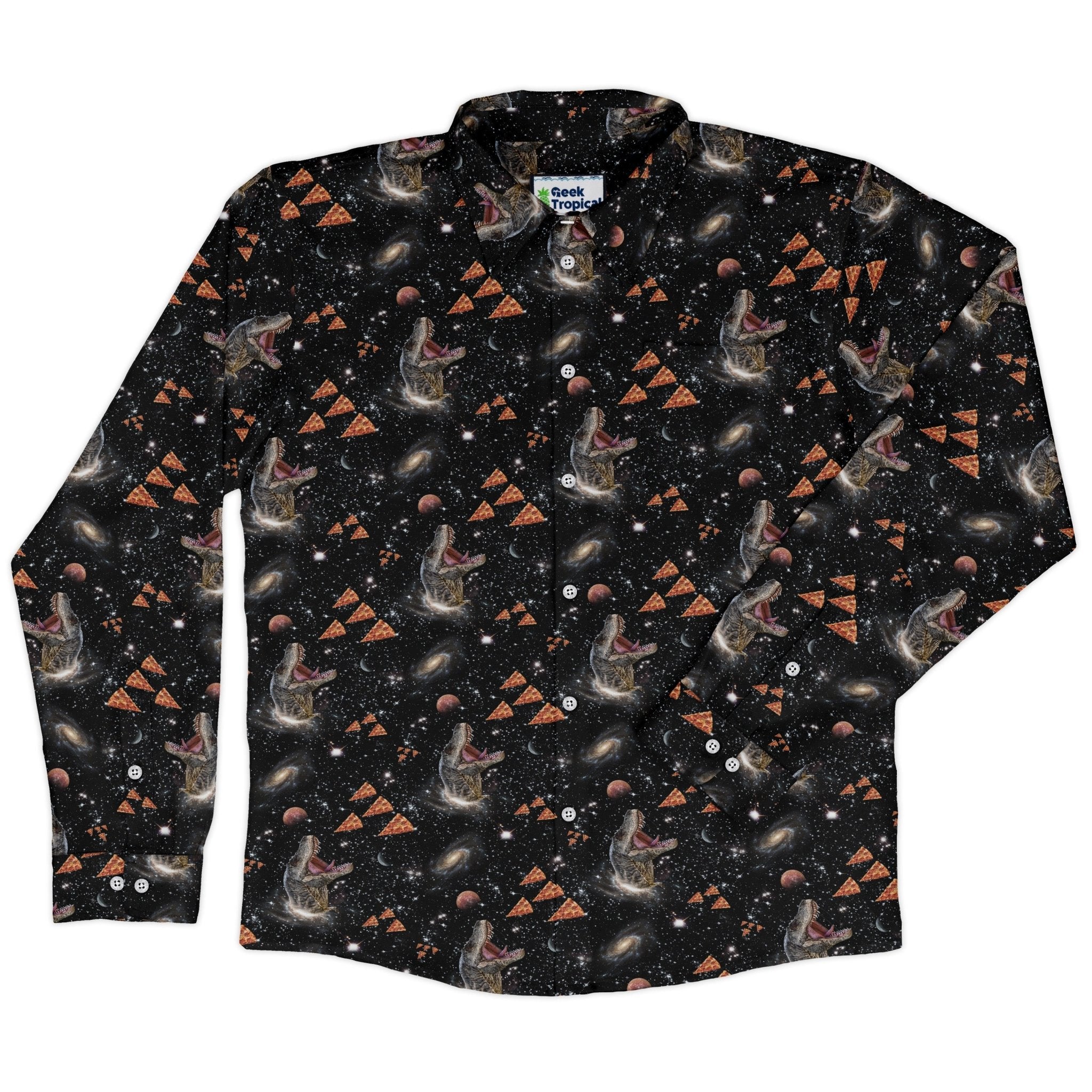 Dinosaur Galaxy Pizza Ships Long Sleeve Button Up Shirt Geek Nerd adult sizing Design by Random Galaxy dinosaur print