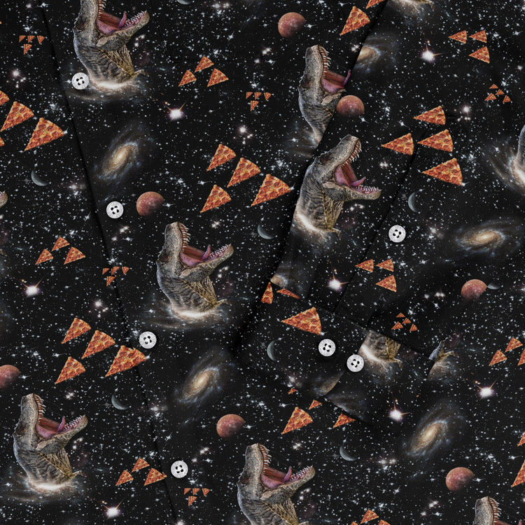 Dinosaur Galaxy Pizza Ships Long Sleeve Button Up Shirt Geek Nerd adult sizing Design by Random Galaxy dinosaur print