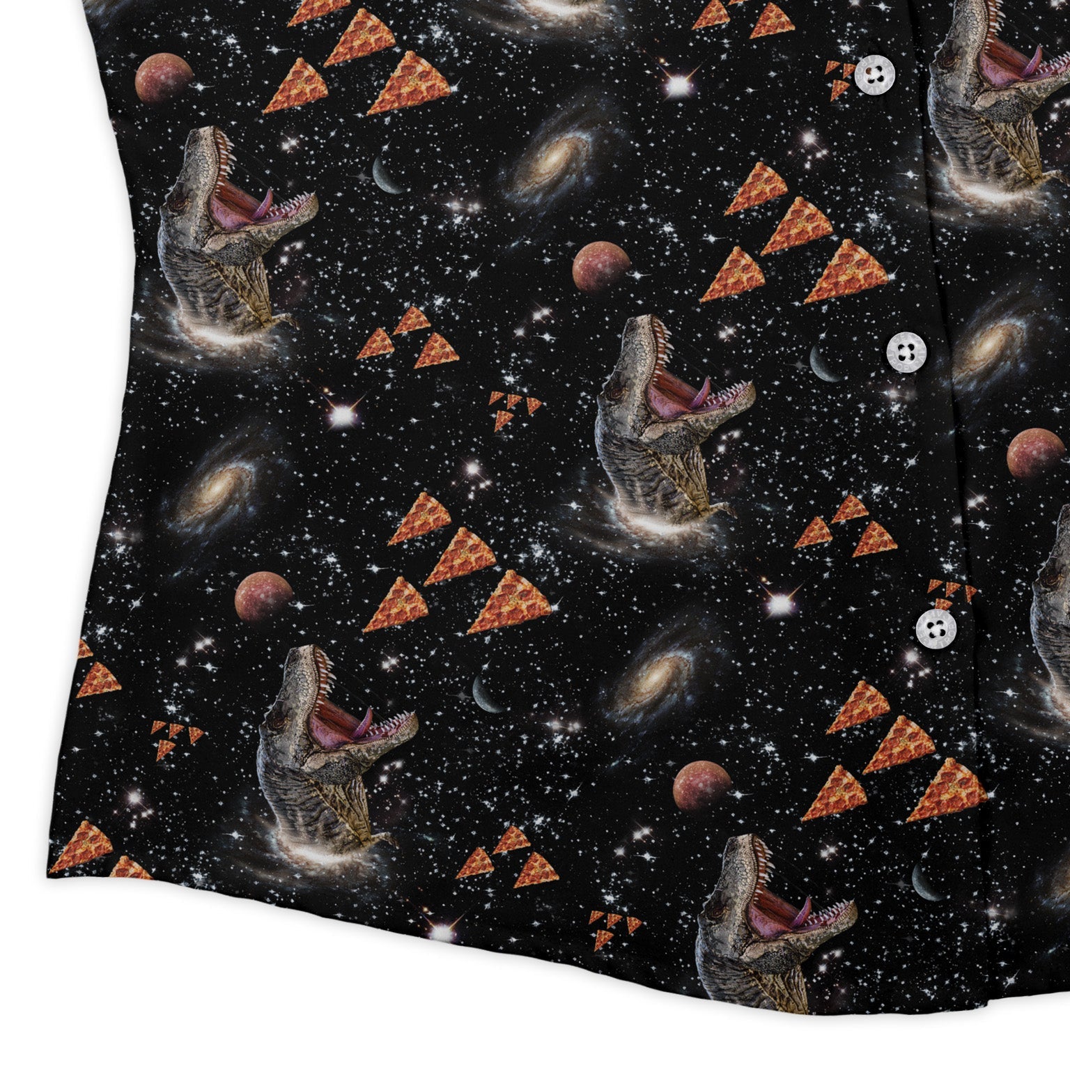 Dinosaur Galaxy Pizza Ships Curvy Button Up Shirt Geek Nerd Design by Random Galaxy dinosaur print outer space & astronaut print