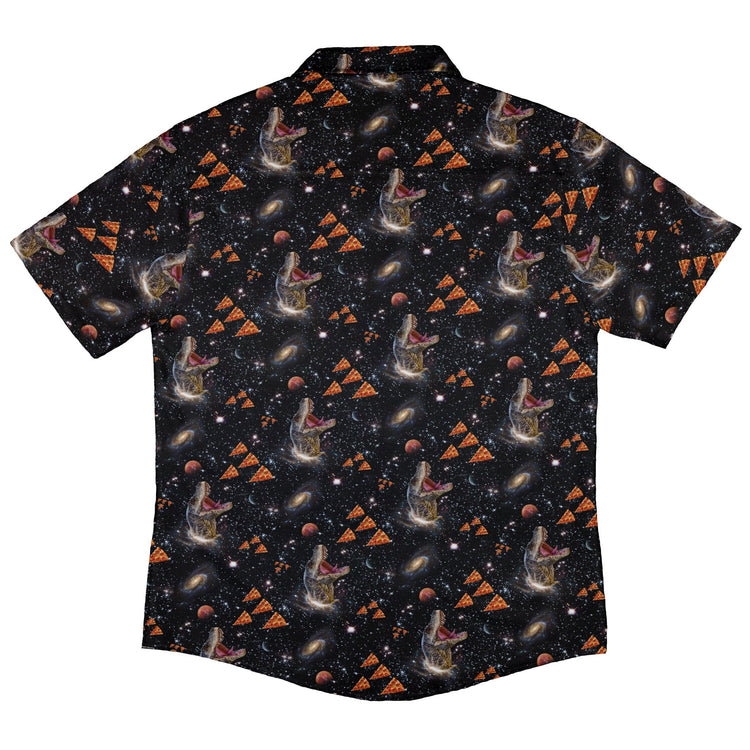 Dinosaur Galaxy Pizza Ships Button Up Shirt - adult sizing - Design by Random Galaxy - dinosaur print