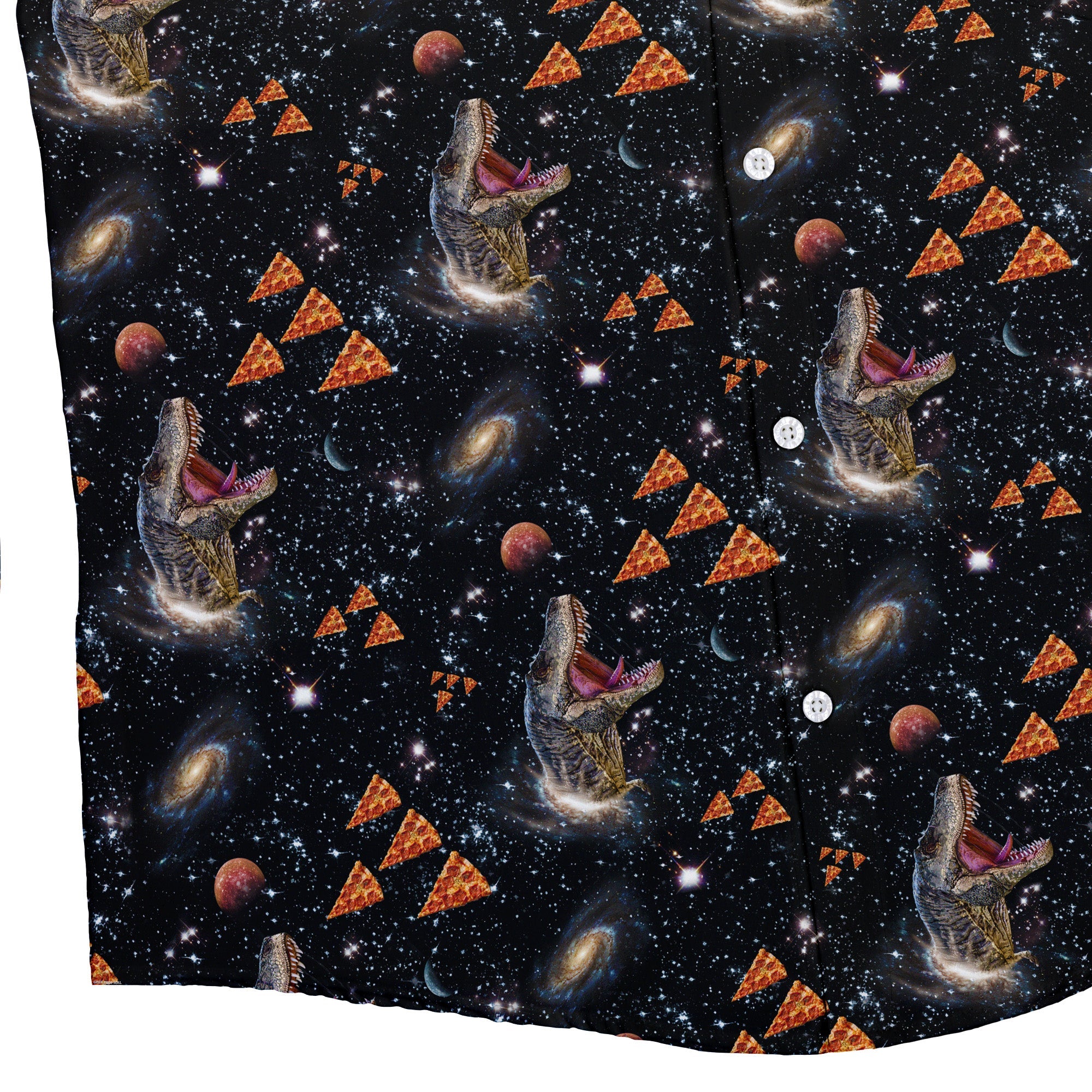 Dinosaur Galaxy Pizza Ships Button Up Shirt - adult sizing - Design by Random Galaxy - dinosaur print