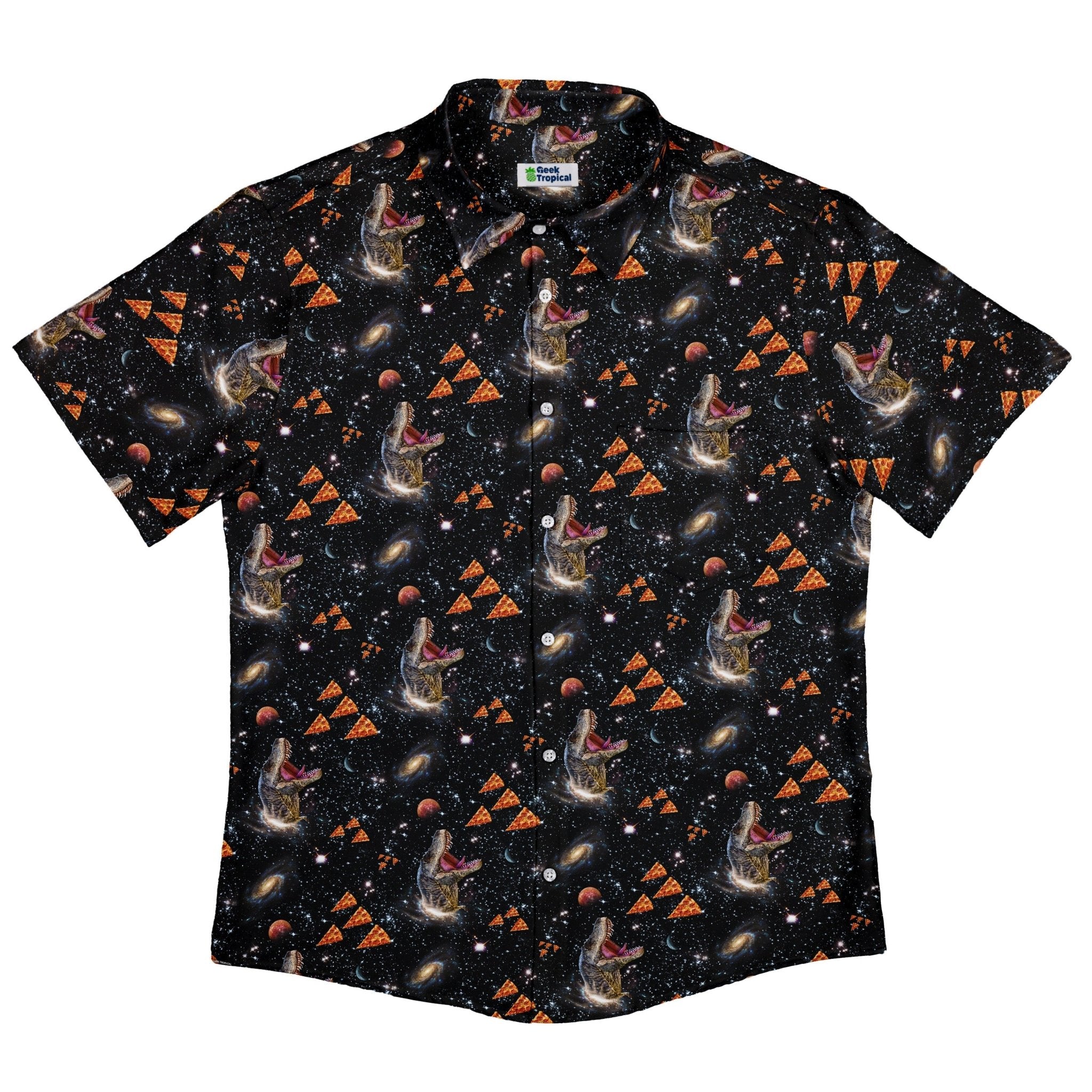 Dinosaur Galaxy Pizza Ships Button Up Shirt - adult sizing - Design by Random Galaxy - dinosaur print