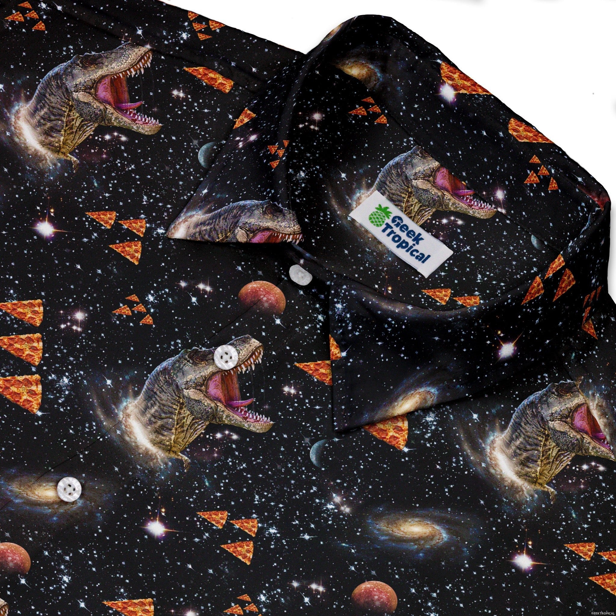 Dinosaur Galaxy Pizza Ships Button Up Shirt - adult sizing - Design by Random Galaxy - dinosaur print