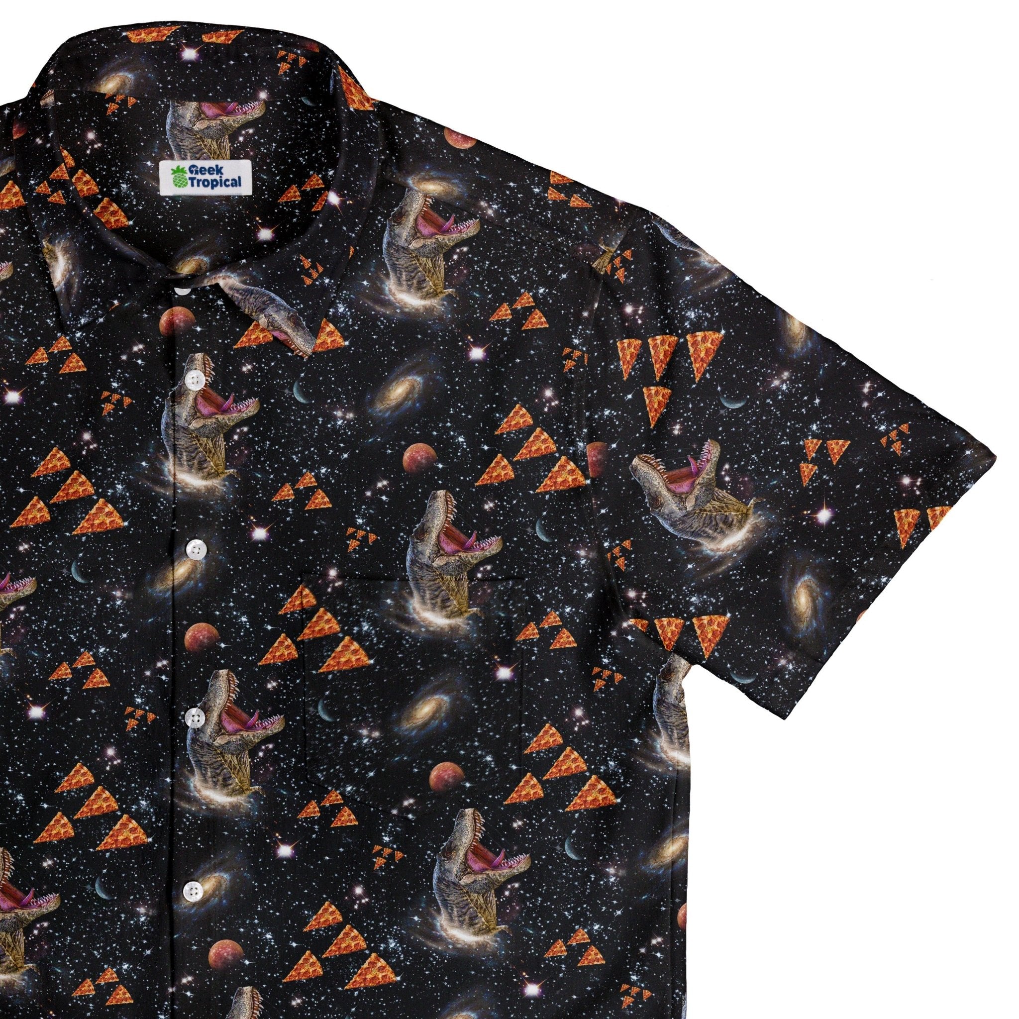 Dinosaur Galaxy Pizza Ships Button Up Shirt - adult sizing - Design by Random Galaxy - dinosaur print