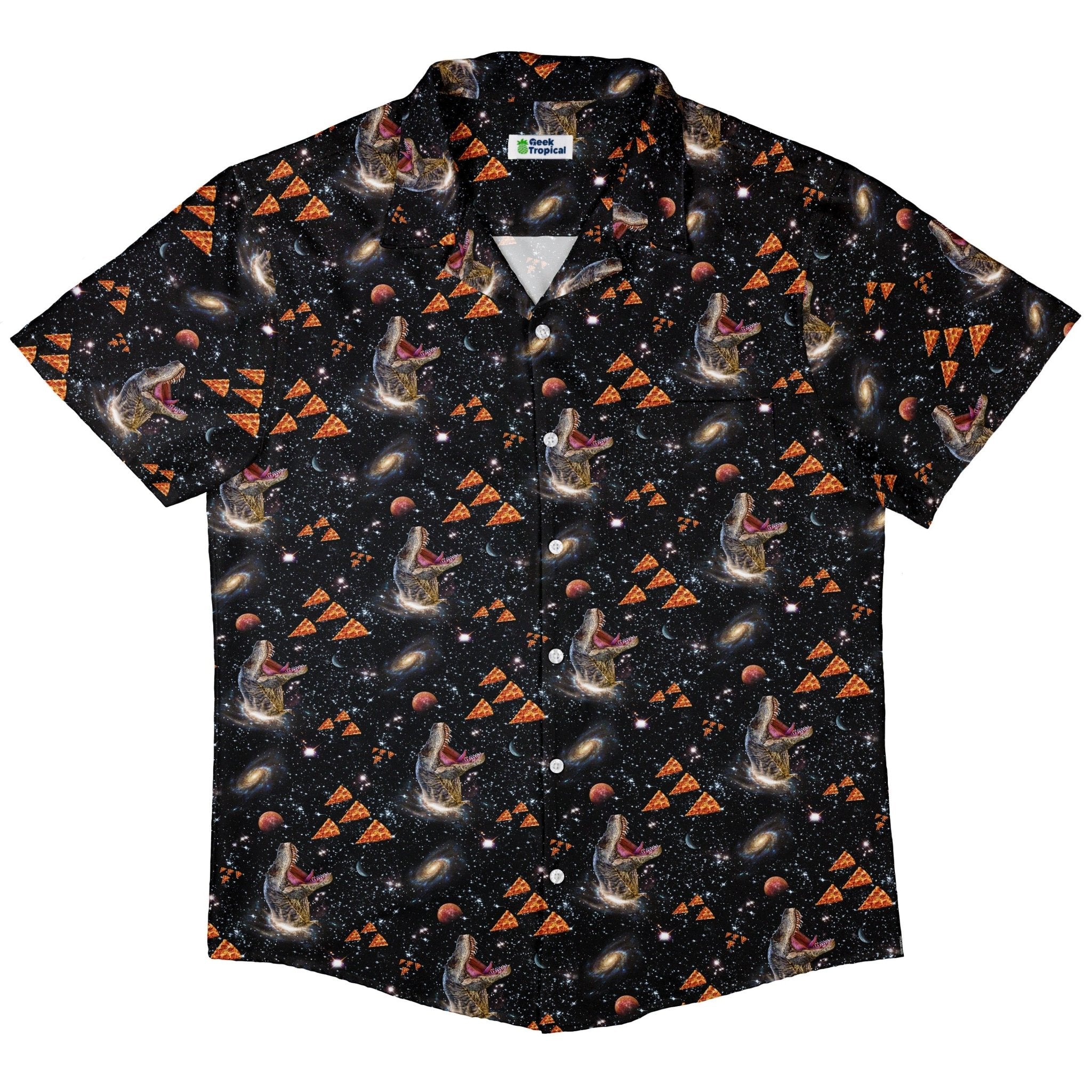 Dinosaur Galaxy Pizza Ships Button Up Shirt - adult sizing - Design by Random Galaxy - dinosaur print