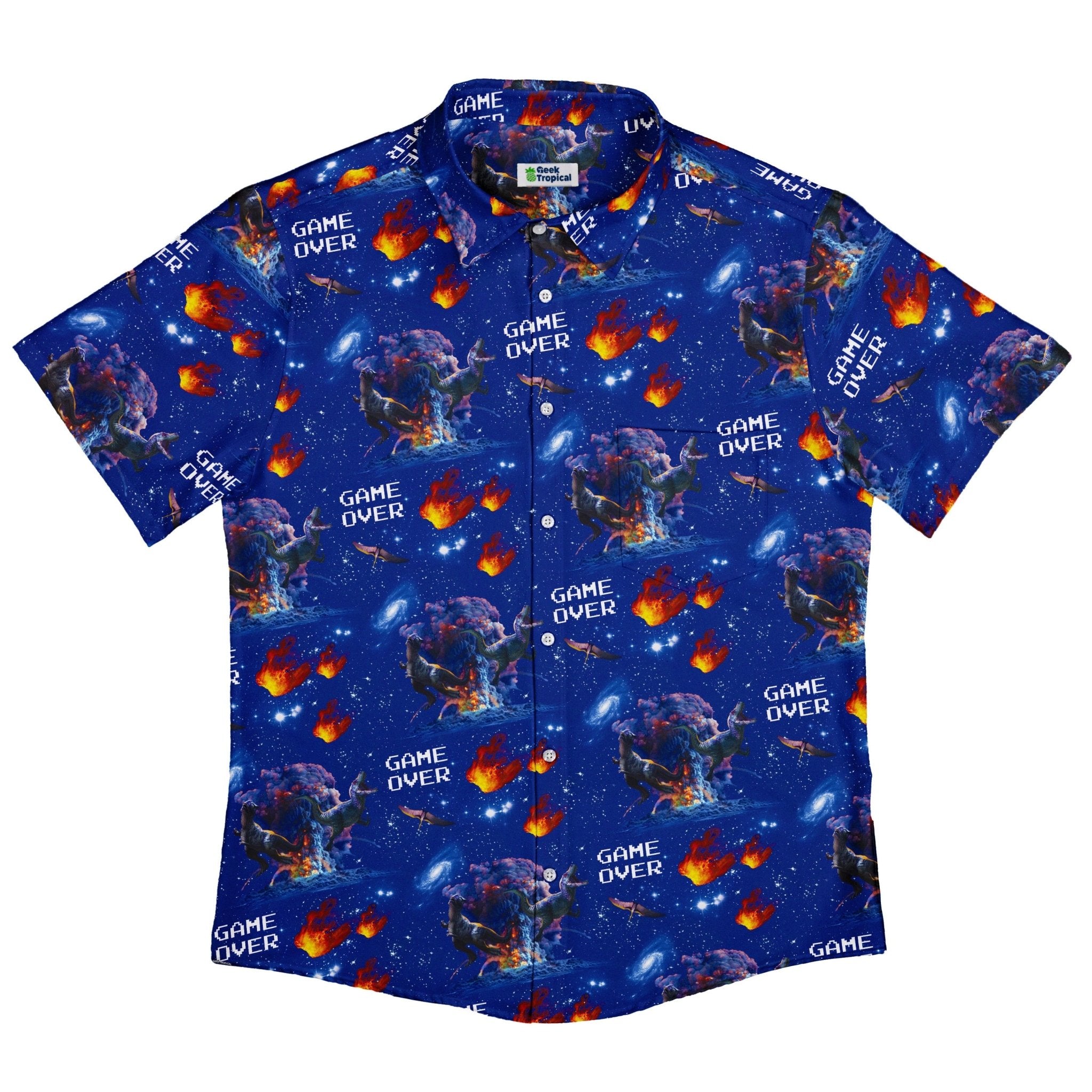 Dinosaur Game Over Button Up Shirt - adult sizing - Design by Random Galaxy - dinosaur print