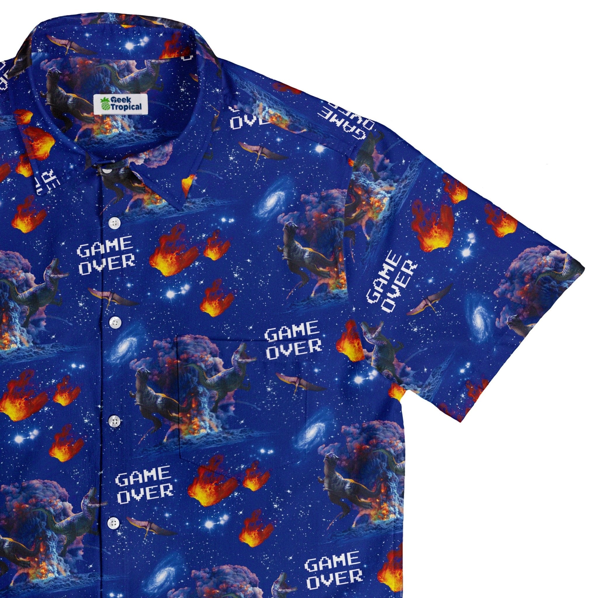 Dinosaur Game Over Button Up Shirt - adult sizing - Design by Random Galaxy - dinosaur print