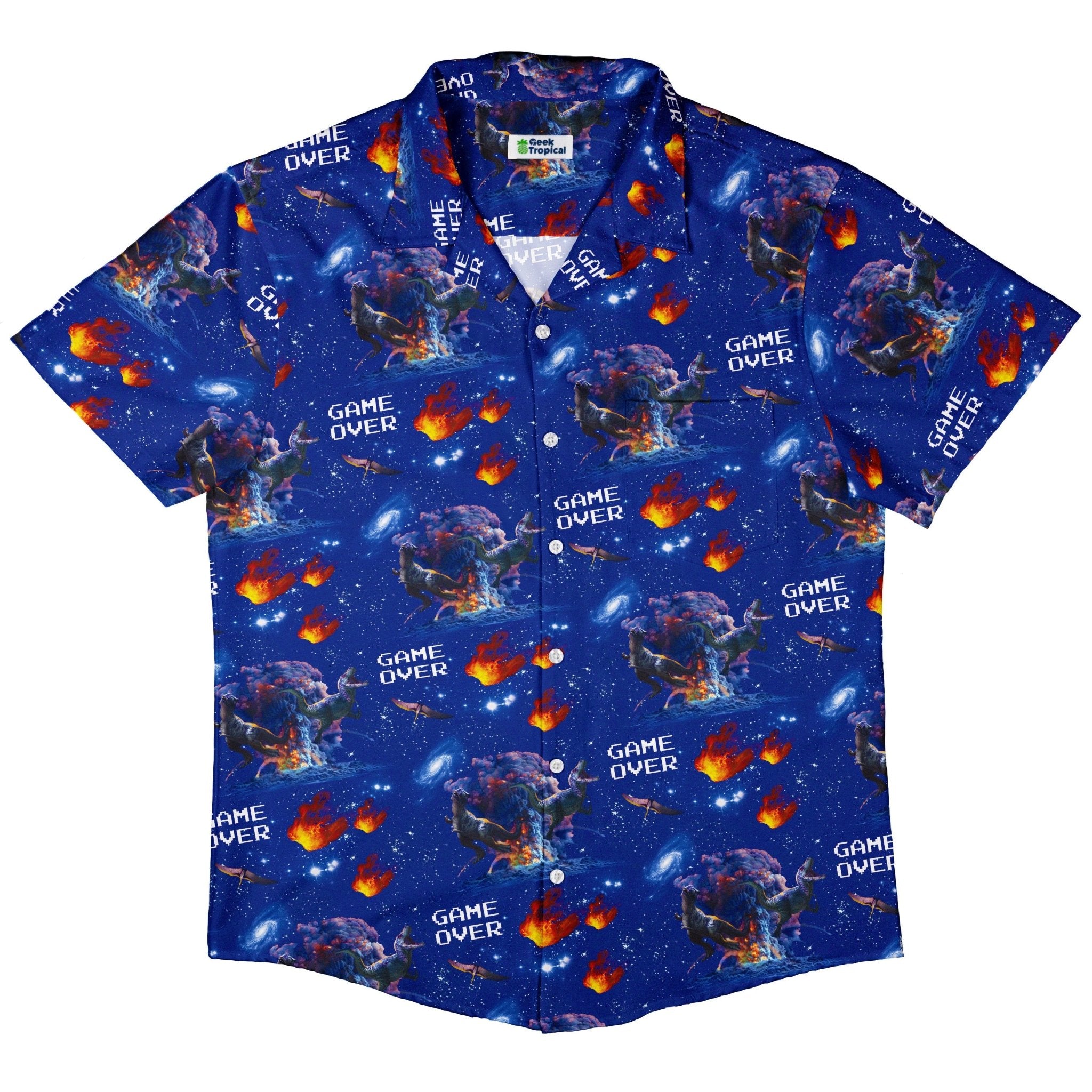 Dinosaur Game Over Button Up Shirt - adult sizing - Design by Random Galaxy - dinosaur print