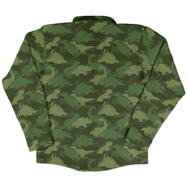 Dinosaur Khaki Army Dinosaur Green Long Sleeve Button Up Shirt Geek Nerd adult sizing dinosaur print FLOW DESC WRITING