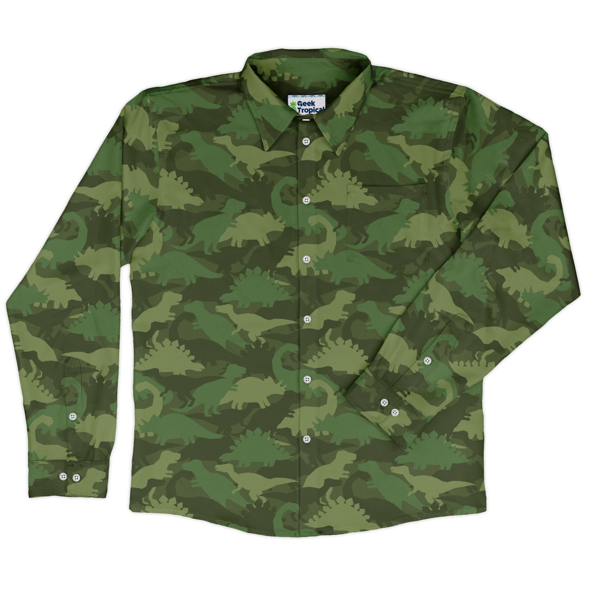 Dinosaur Khaki Army Dinosaur Green Long Sleeve Button Up Shirt Geek Nerd adult sizing dinosaur print FLOW DESC WRITING