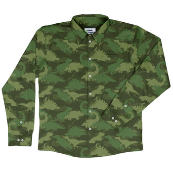 Dinosaur Khaki Army Dinosaur Green Long Sleeve Button Up Shirt Geek Nerd adult sizing dinosaur print FLOW DESC WRITING