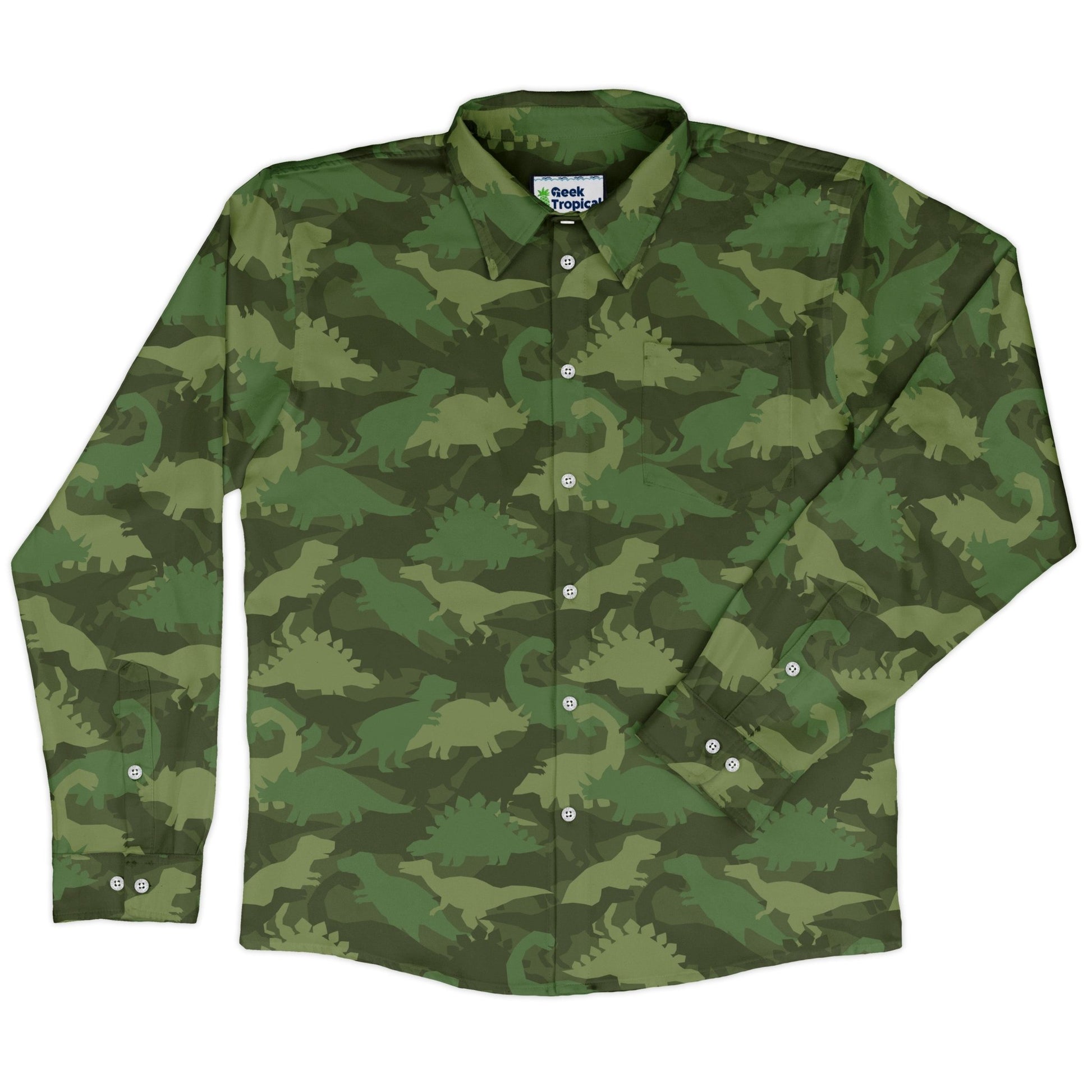 Dinosaur Khaki Army Dinosaur Green Long Sleeve Button Up Shirt Geek Nerd adult sizing dinosaur print FLOW DESC WRITING