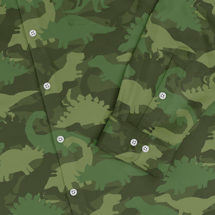Dinosaur Khaki Army Dinosaur Green Long Sleeve Button Up Shirt Geek Nerd adult sizing dinosaur print FLOW DESC WRITING