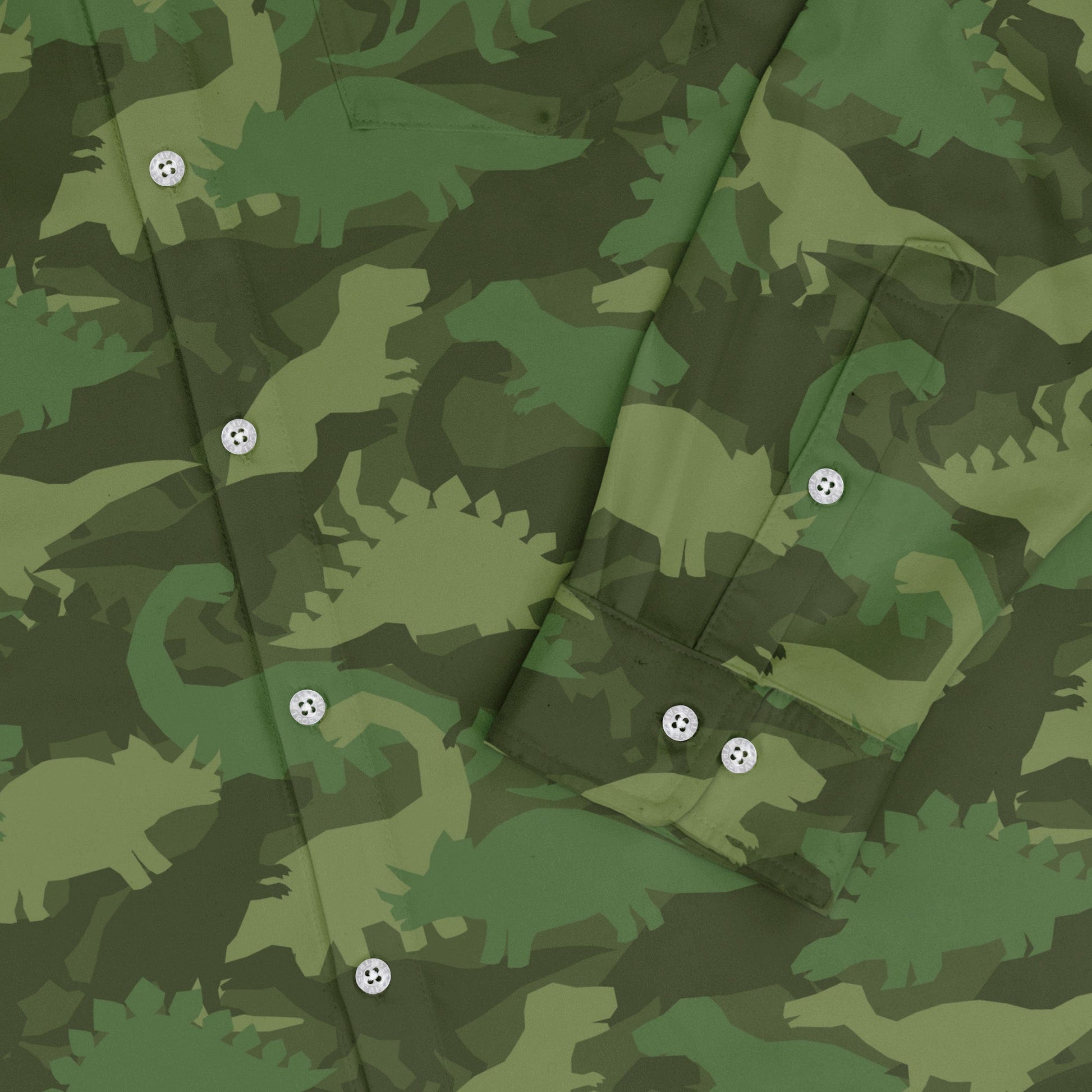 Dinosaur Khaki Army Dinosaur Green Long Sleeve Button Up Shirt Geek Nerd adult sizing dinosaur print FLOW DESC WRITING