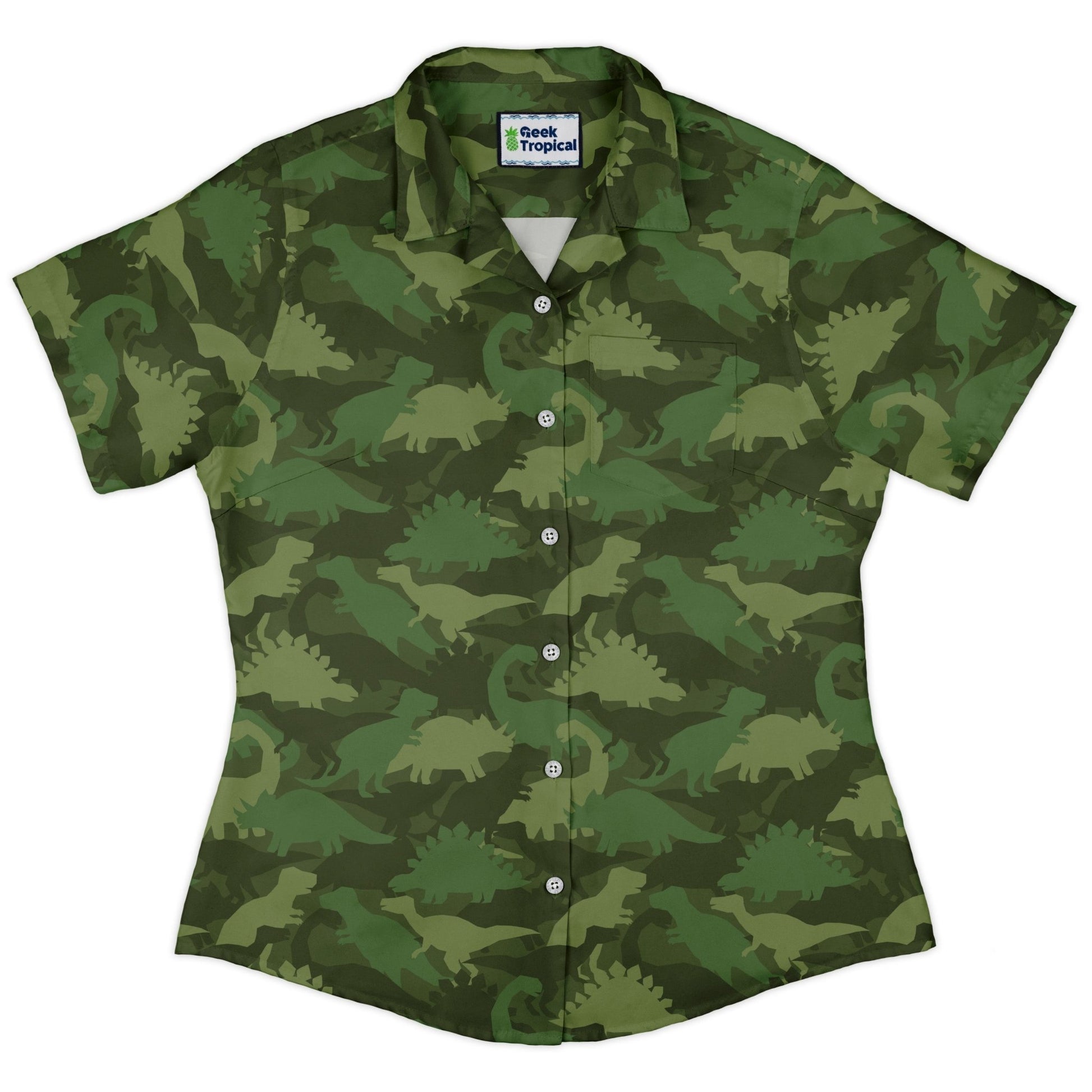 Dinosaur Khaki Army Dinosaur Green Curvy Button Up Shirt Geek Nerd dinosaur print women