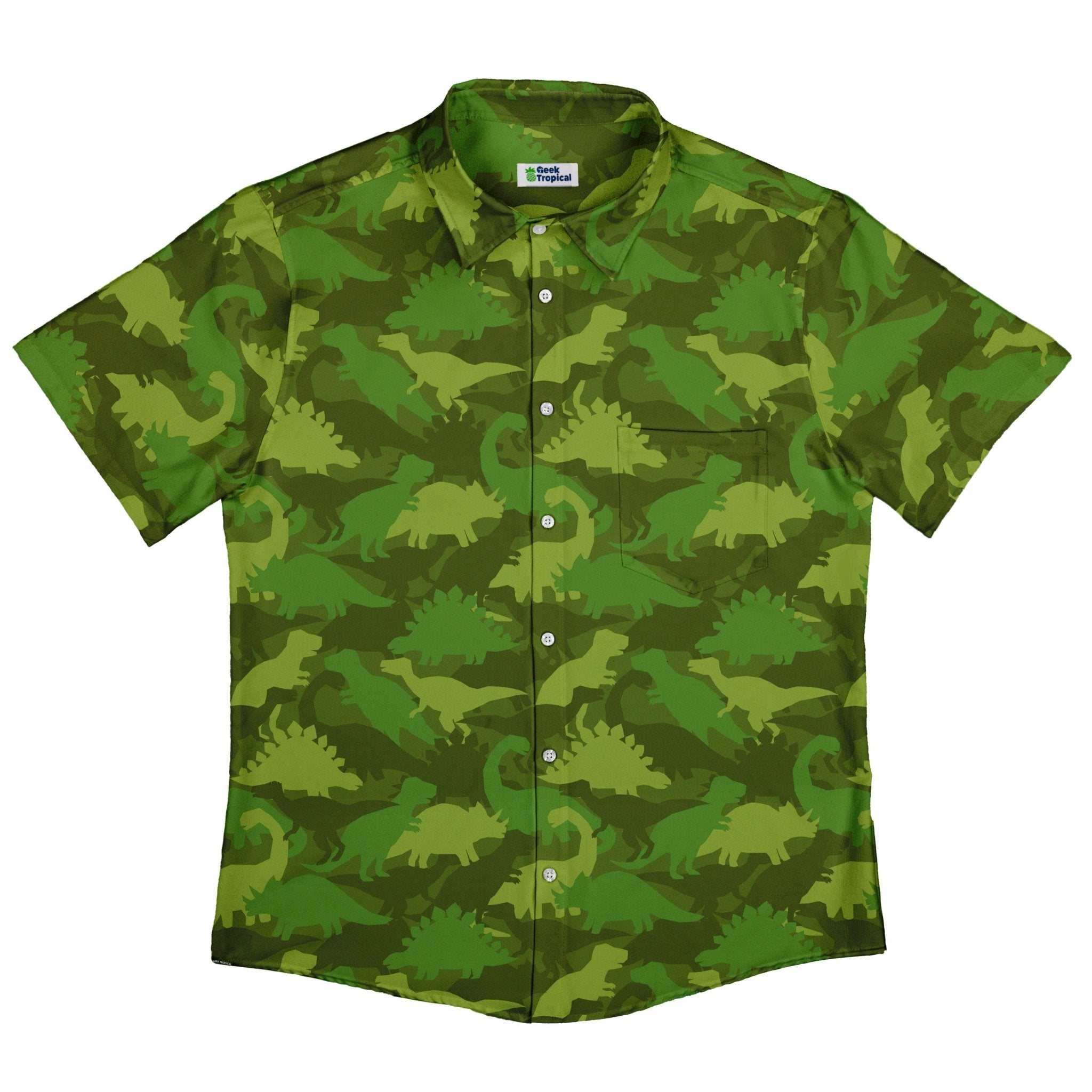 Dinosaur Khaki Army Dinosaur Green Button Up Shirt - adult sizing - dinosaur print -