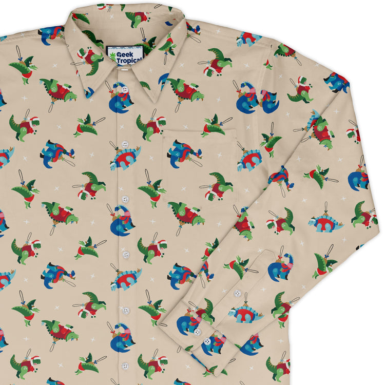 Dinosaur Ornaments Long Sleeve Button Up Shirt Geek Nerd adult sizing christmas print Design by Zirkus Design