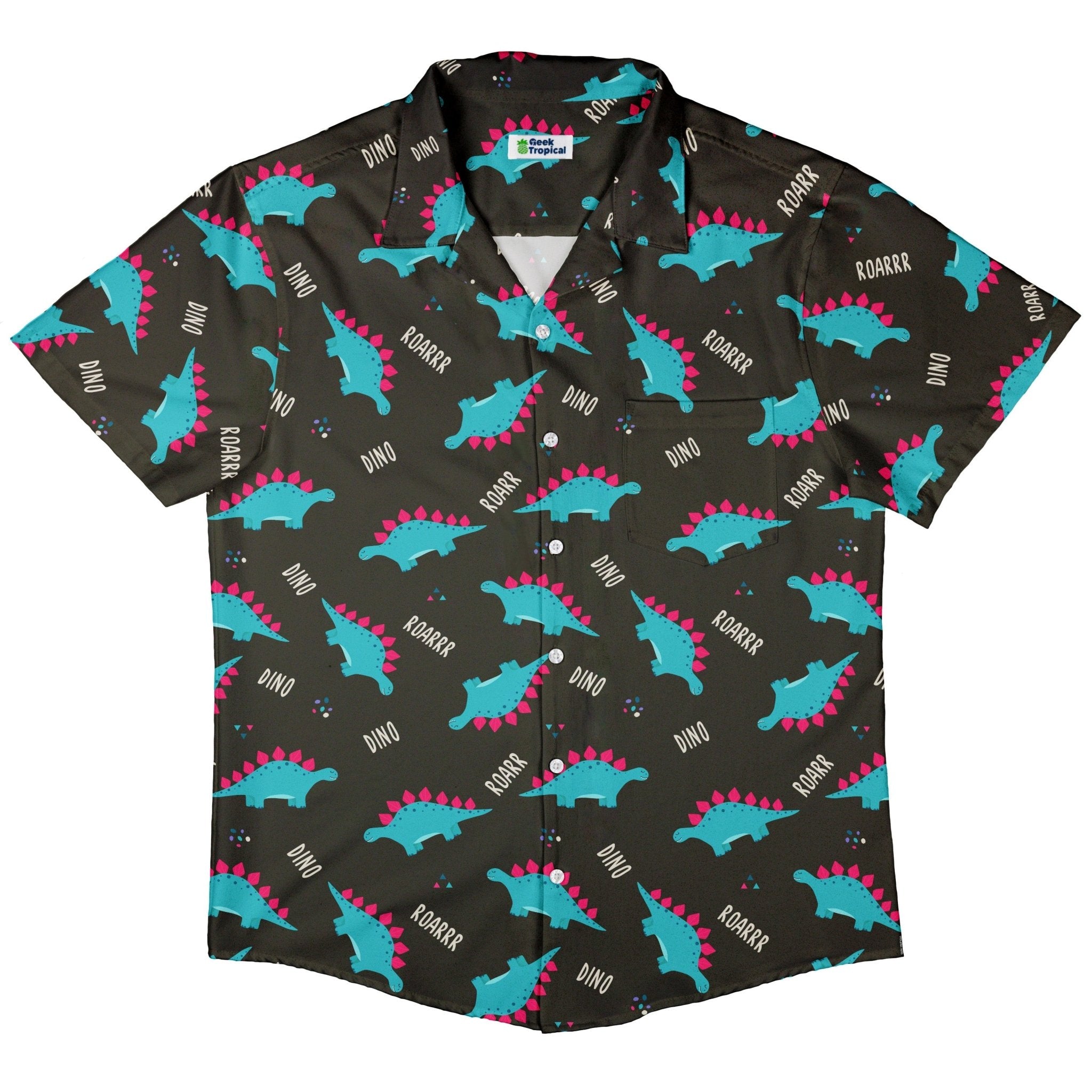 Dinosaur Roarrr Black Button Up Shirt - adult sizing - dinosaur print -