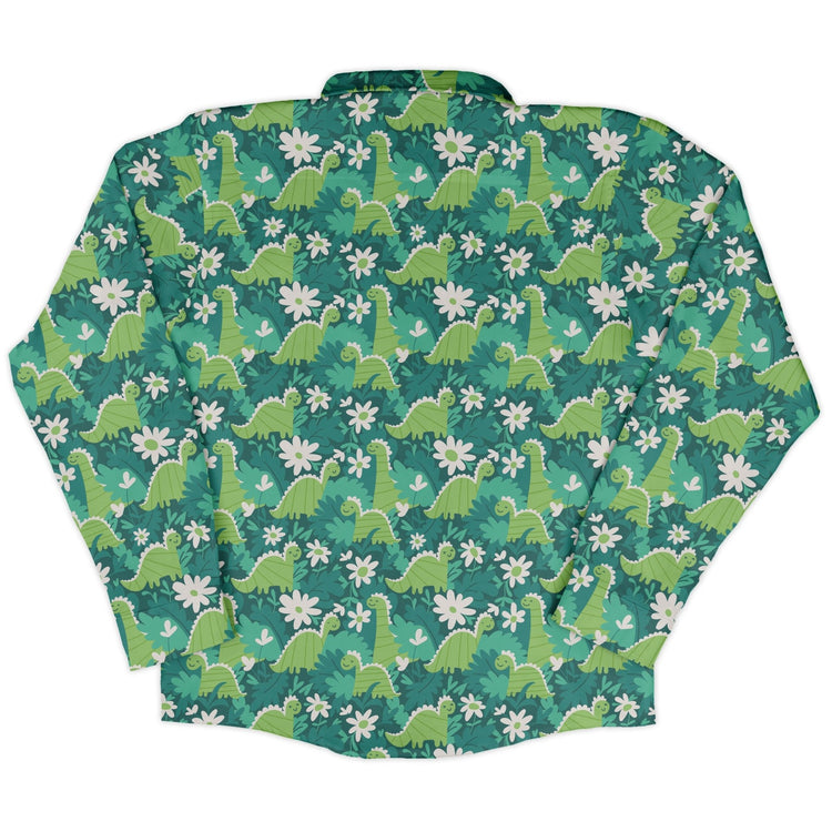 Dinosaur Smiles Flowers and Leaves Long Sleeve Button Up Shirt Geek Nerd adult sizing dinosaur print FLOW DESC WRITING