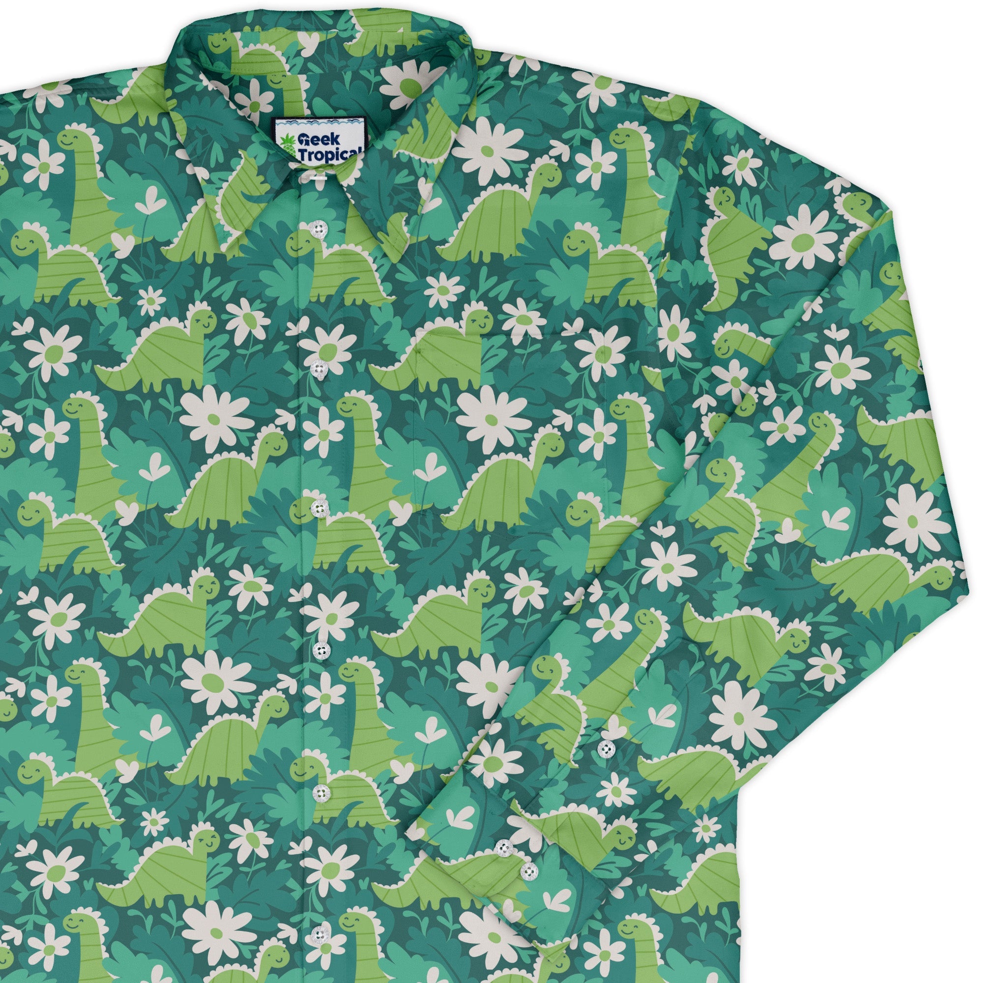 Dinosaur Smiles Flowers and Leaves Long Sleeve Button Up Shirt Geek Nerd adult sizing dinosaur print FLOW DESC WRITING