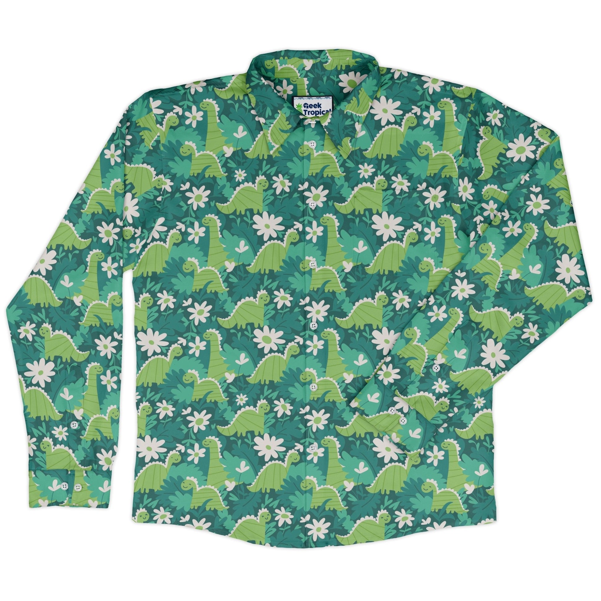 Dinosaur Smiles Flowers and Leaves Long Sleeve Button Up Shirt Geek Nerd adult sizing dinosaur print FLOW DESC WRITING