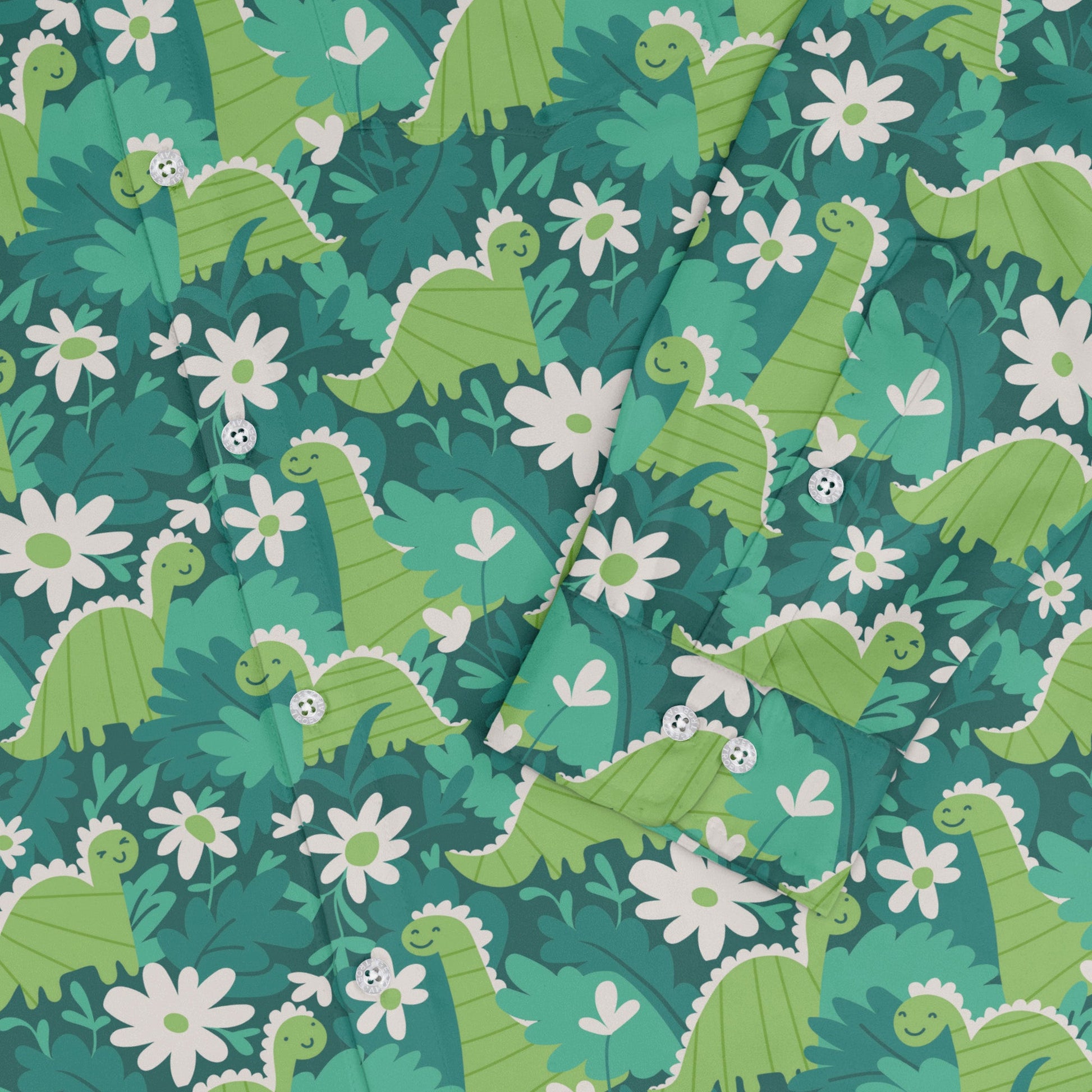 Dinosaur Smiles Flowers and Leaves Long Sleeve Button Up Shirt Geek Nerd adult sizing dinosaur print FLOW DESC WRITING