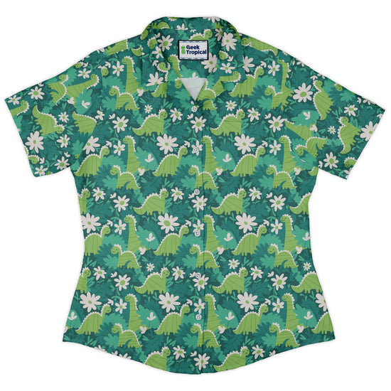 Dinosaur Smiles Flowers and Leaves Curvy Button Up Shirt Geek Nerd dinosaur print Maximalist Patterns women