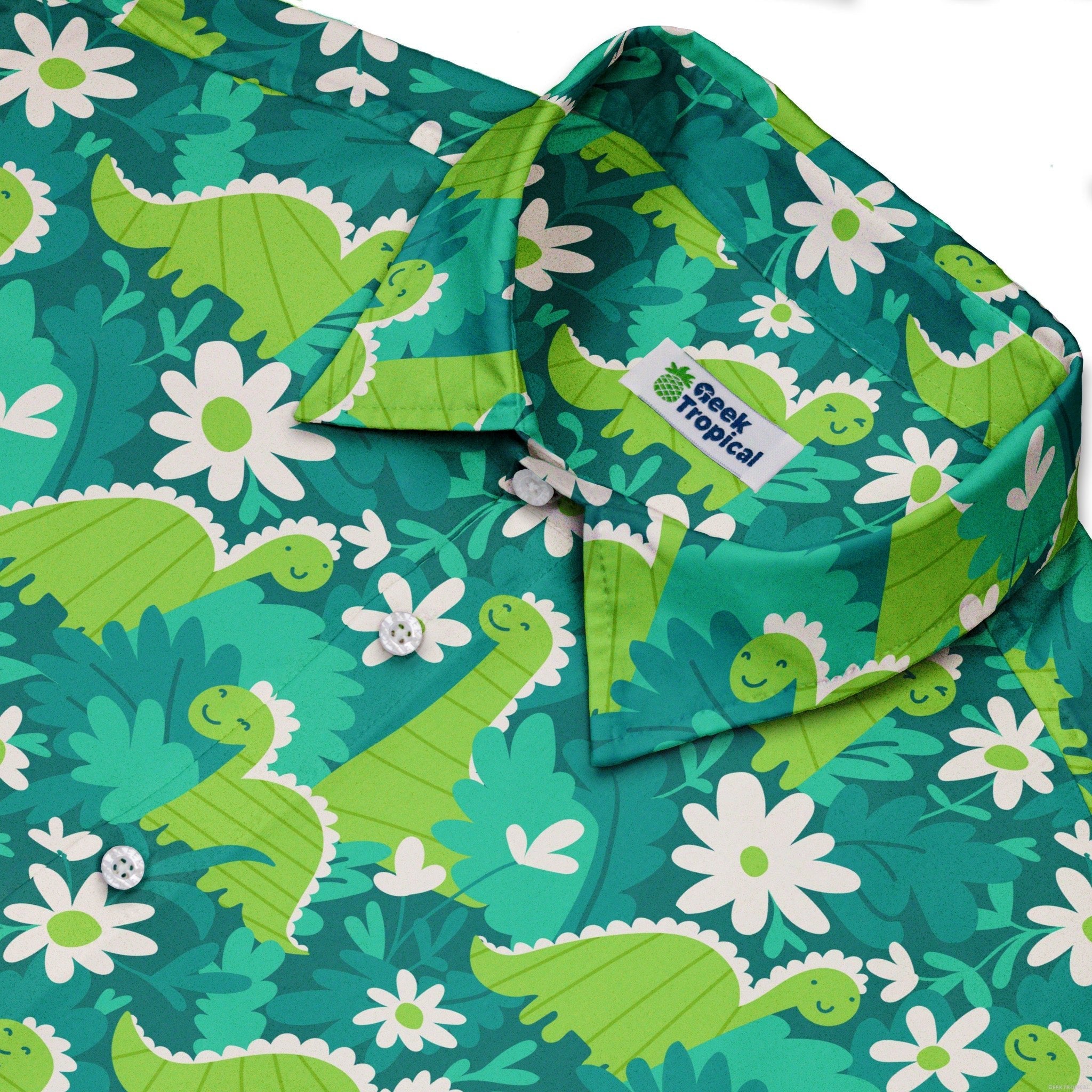 Dinosaur Smiles Flowers and Leaves Button Up Shirt - adult sizing - dinosaur print - Maximalist Patterns