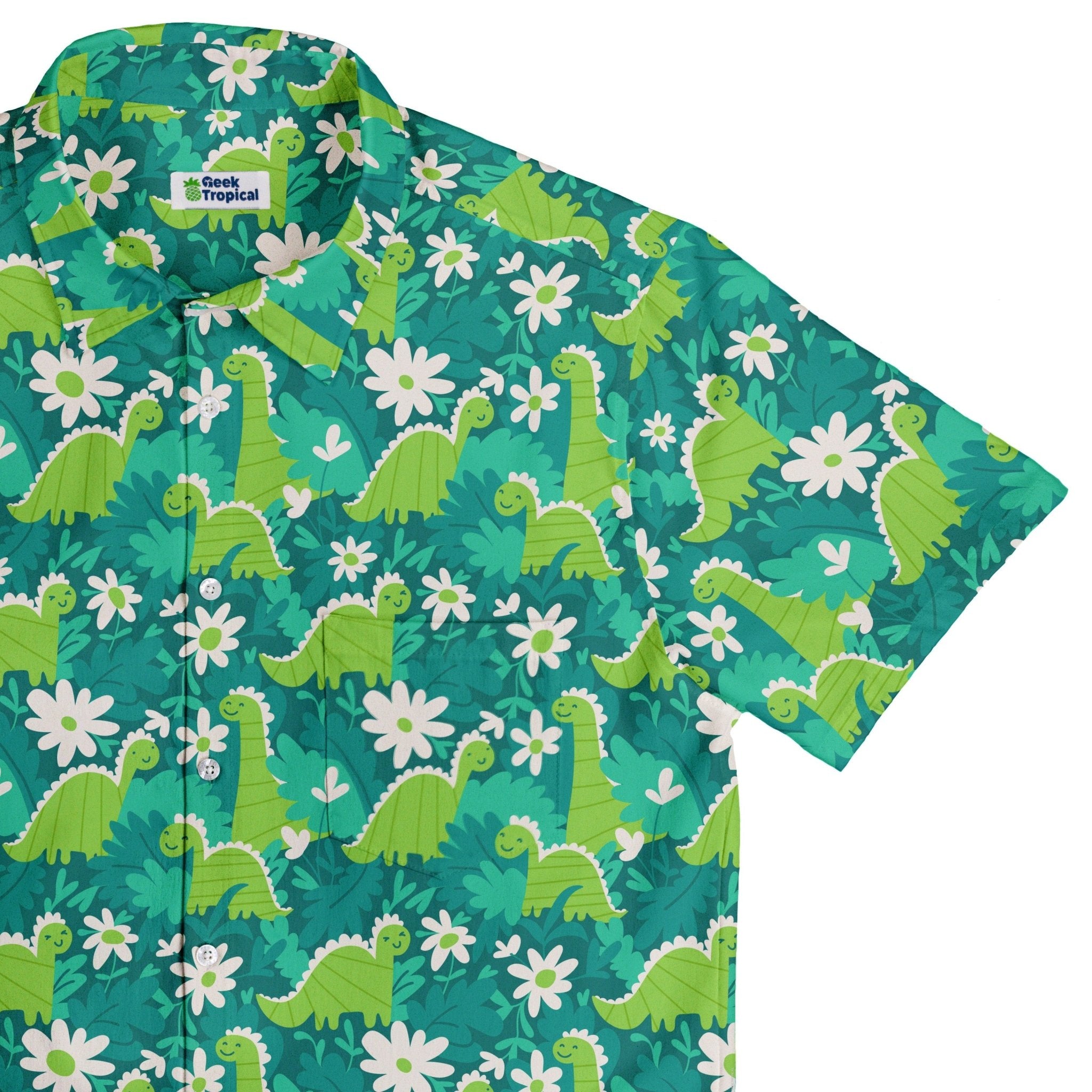 Dinosaur Smiles Flowers and Leaves Button Up Shirt - adult sizing - dinosaur print - Maximalist Patterns