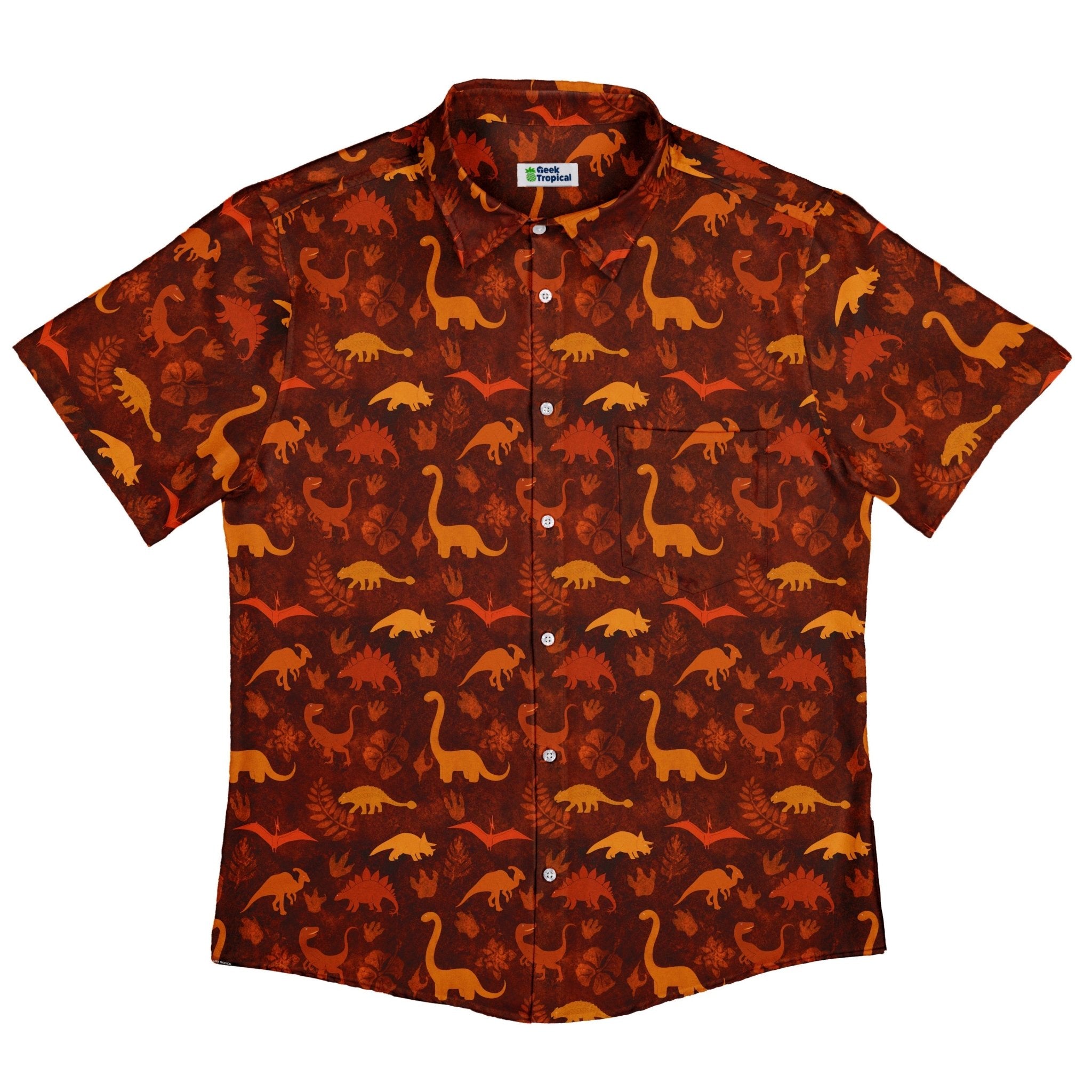 Dinosaur Tropical Fall Sunset Button Up Shirt - adult sizing - Animal Patterns - Designs by Nathan