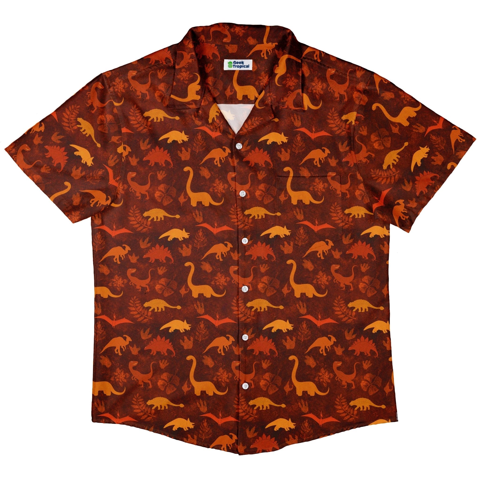 Dinosaur Tropical Fall Sunset Button Up Shirt - adult sizing - Animal Patterns - Designs by Nathan