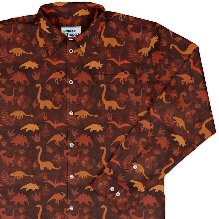 Dinosaur Tropical Fall Sunset Long Sleeve Button Up Shirt Geek Nerd adult sizing Animal Patterns Designs by Nathan