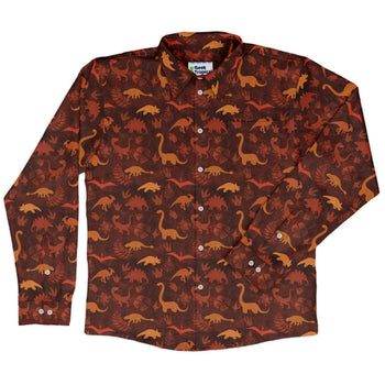 Dinosaur Tropical Fall Sunset Long Sleeve Button Up Shirt Geek Nerd adult sizing Animal Patterns Designs by Nathan