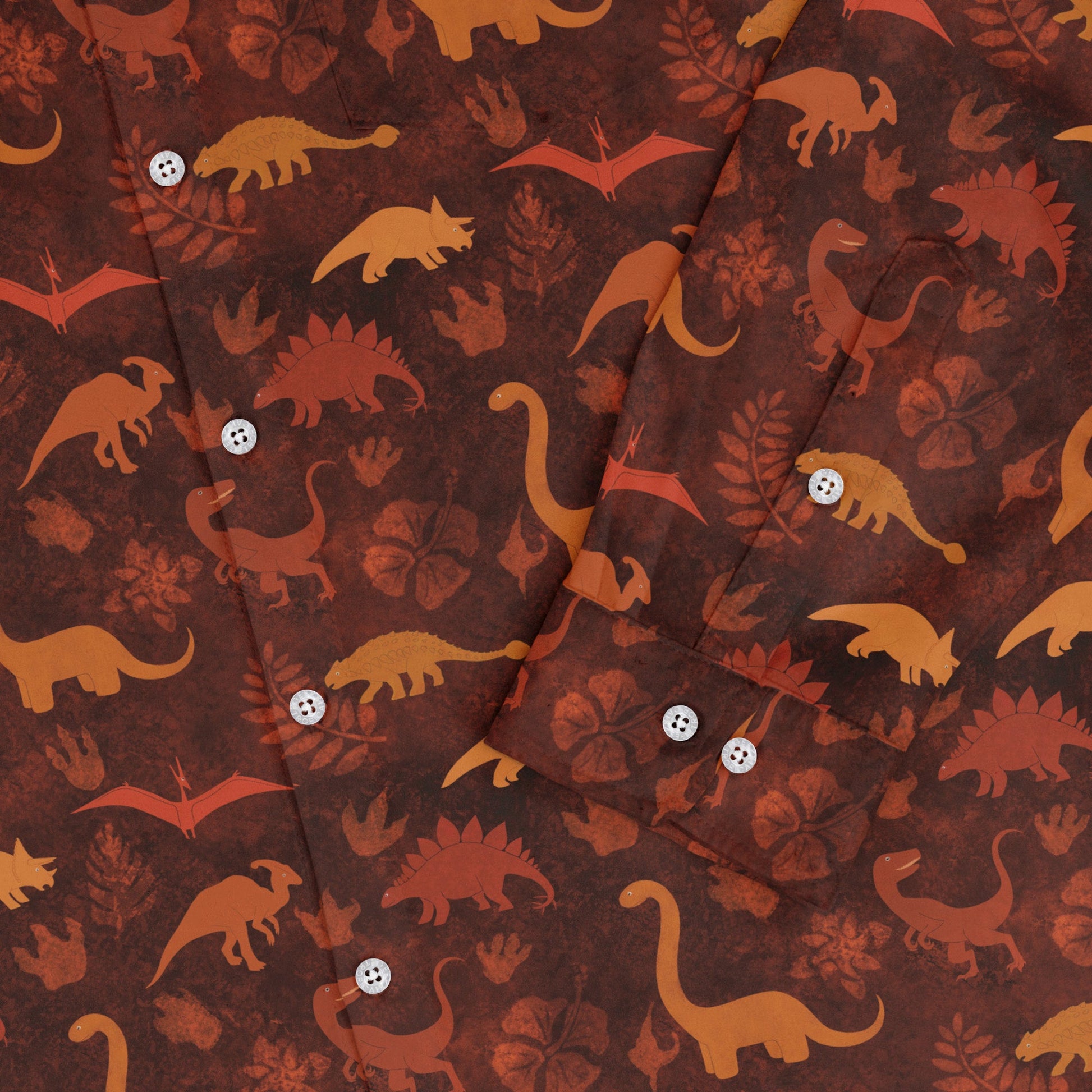 Dinosaur Tropical Fall Sunset Long Sleeve Button Up Shirt Geek Nerd adult sizing Animal Patterns Designs by Nathan