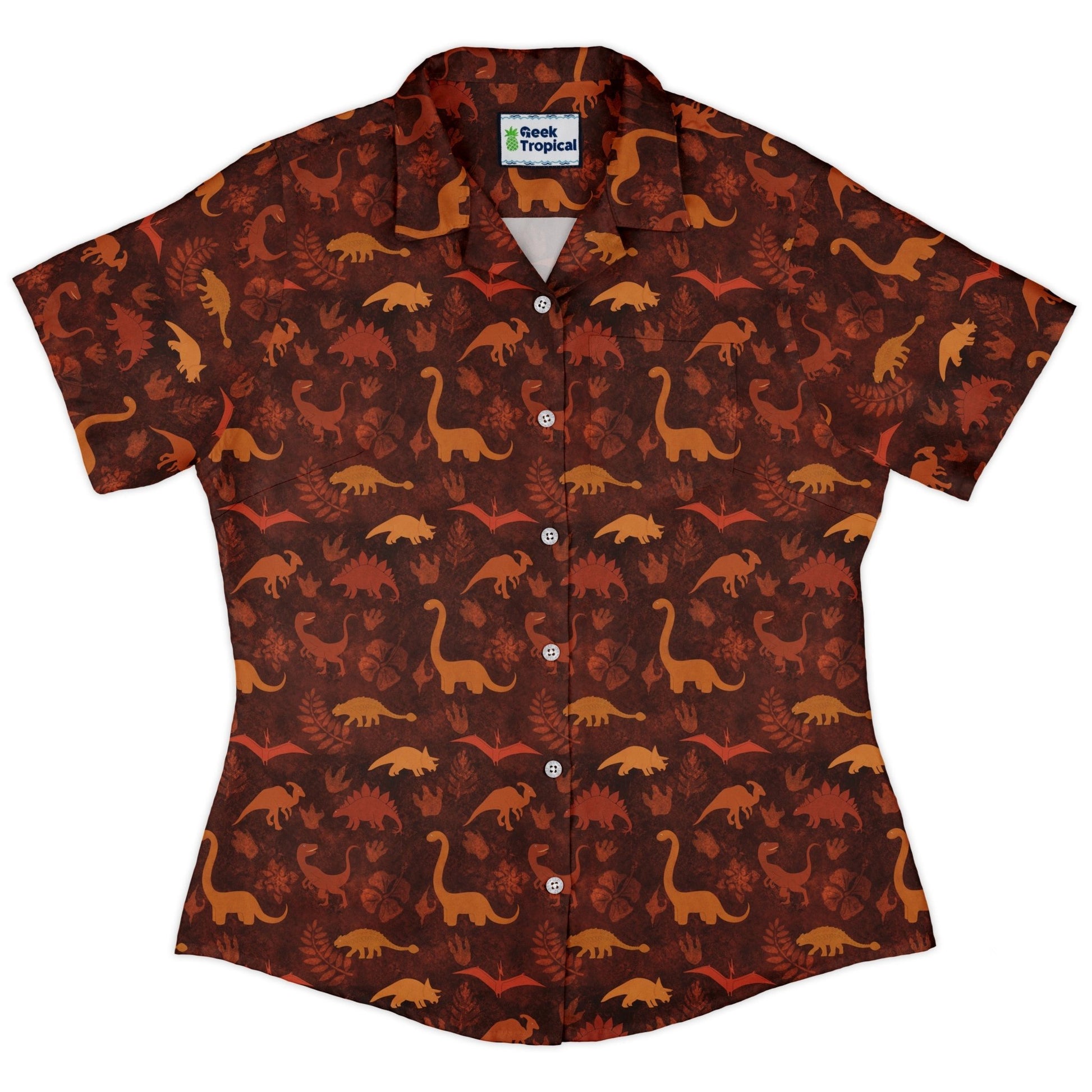 Dinosaur Tropical Fall Sunset Curvy Button Up Shirt Geek Nerd Animal Patterns Designs by Nathan dinosaur print
