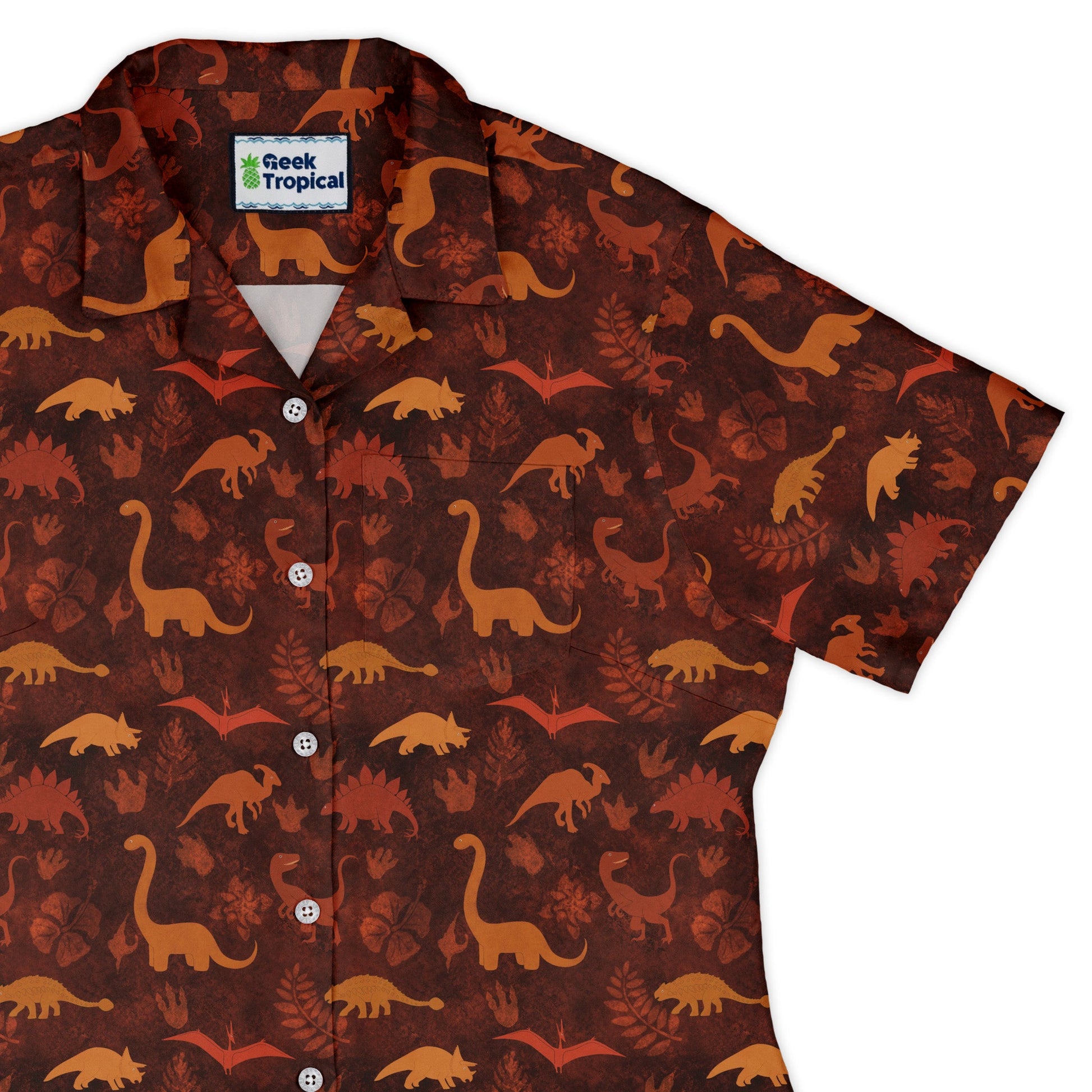 Dinosaur Tropical Fall Sunset Curvy Button Up Shirt Geek Nerd Animal Patterns Designs by Nathan dinosaur print