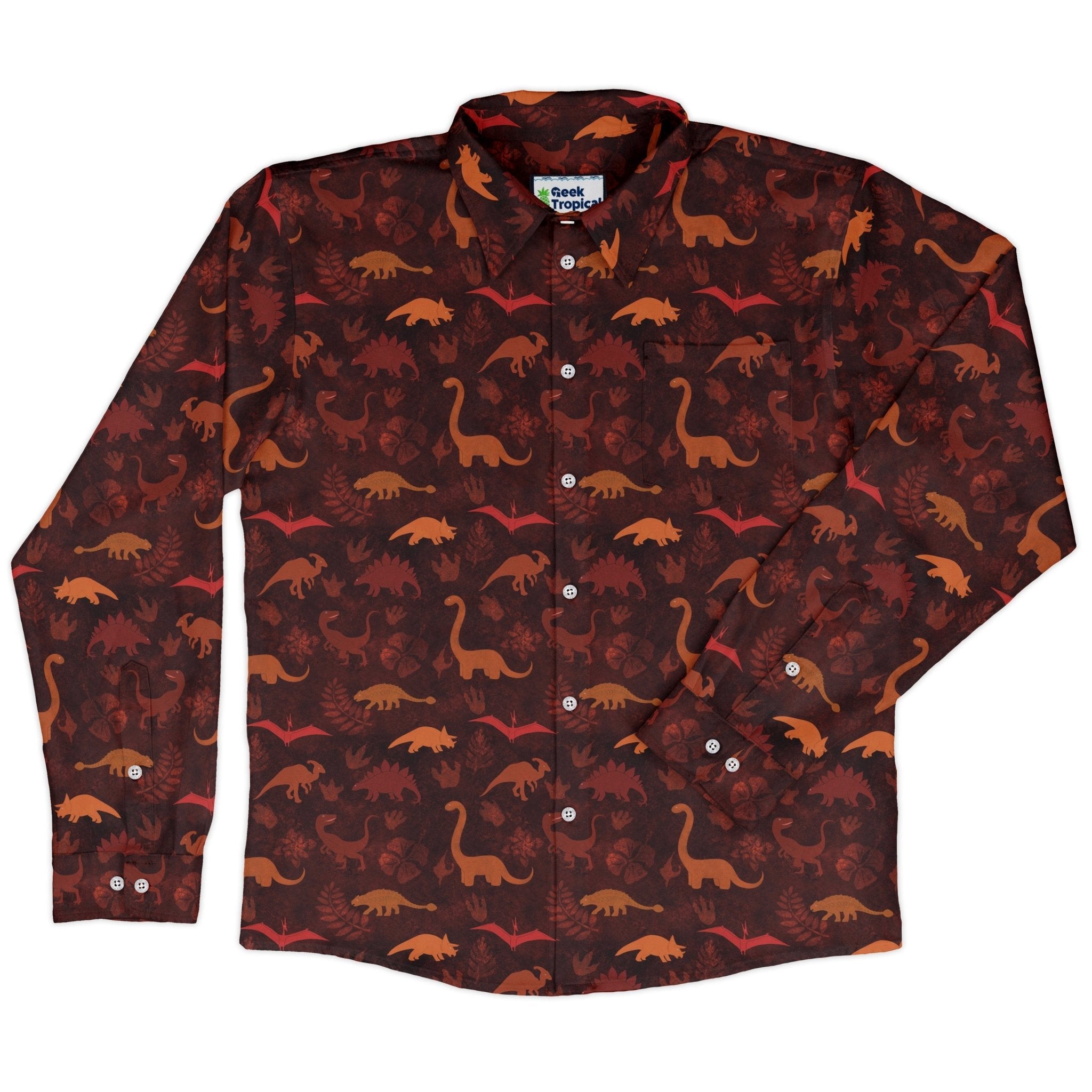 Dinosaur Tropical Sunset Long Sleeve Button Up Shirt Geek Nerd adult sizing Animal Patterns Designs by Nathan