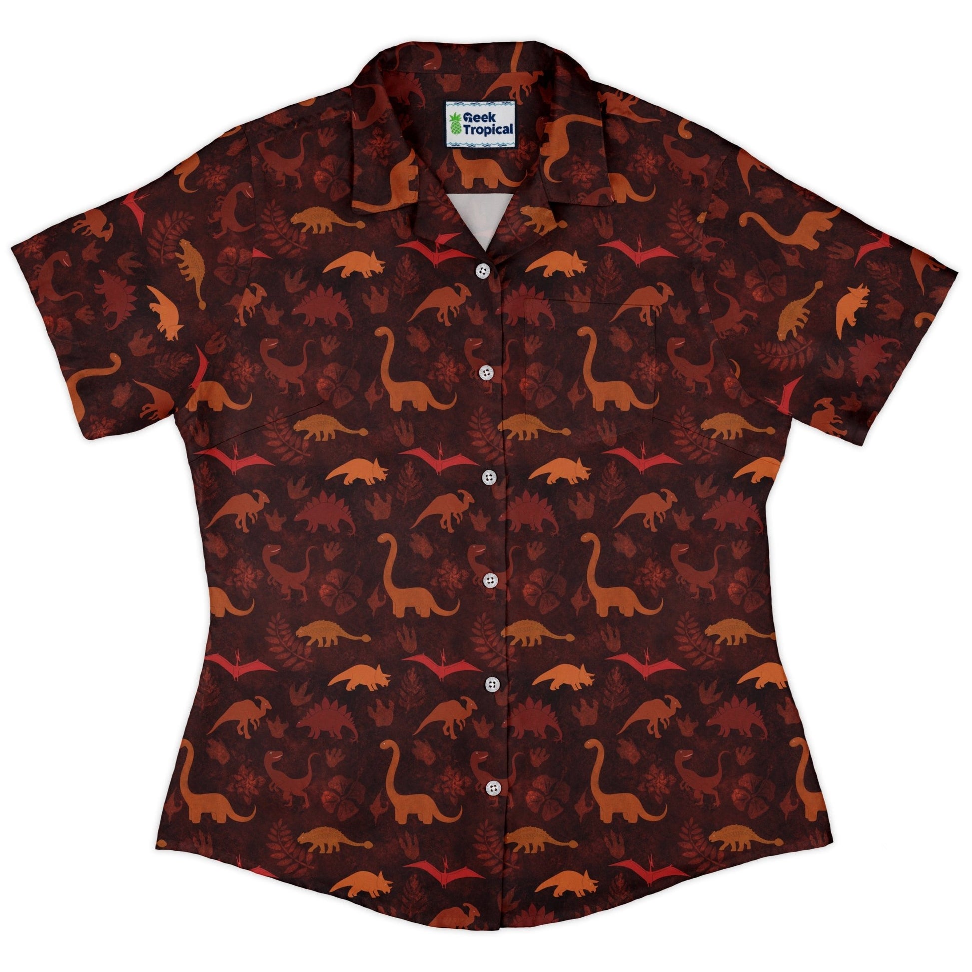 Dinosaur Tropical Sunset Curvy Button Up Shirt Geek Nerd Animal Patterns Designs by Nathan dinosaur print