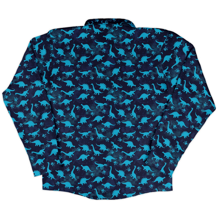 Dinosaur Urban Geometric Blue Dinosaur Long Sleeve Button Up Shirt Geek Nerd adult sizing dinosaur print FLOW DESC WRITING