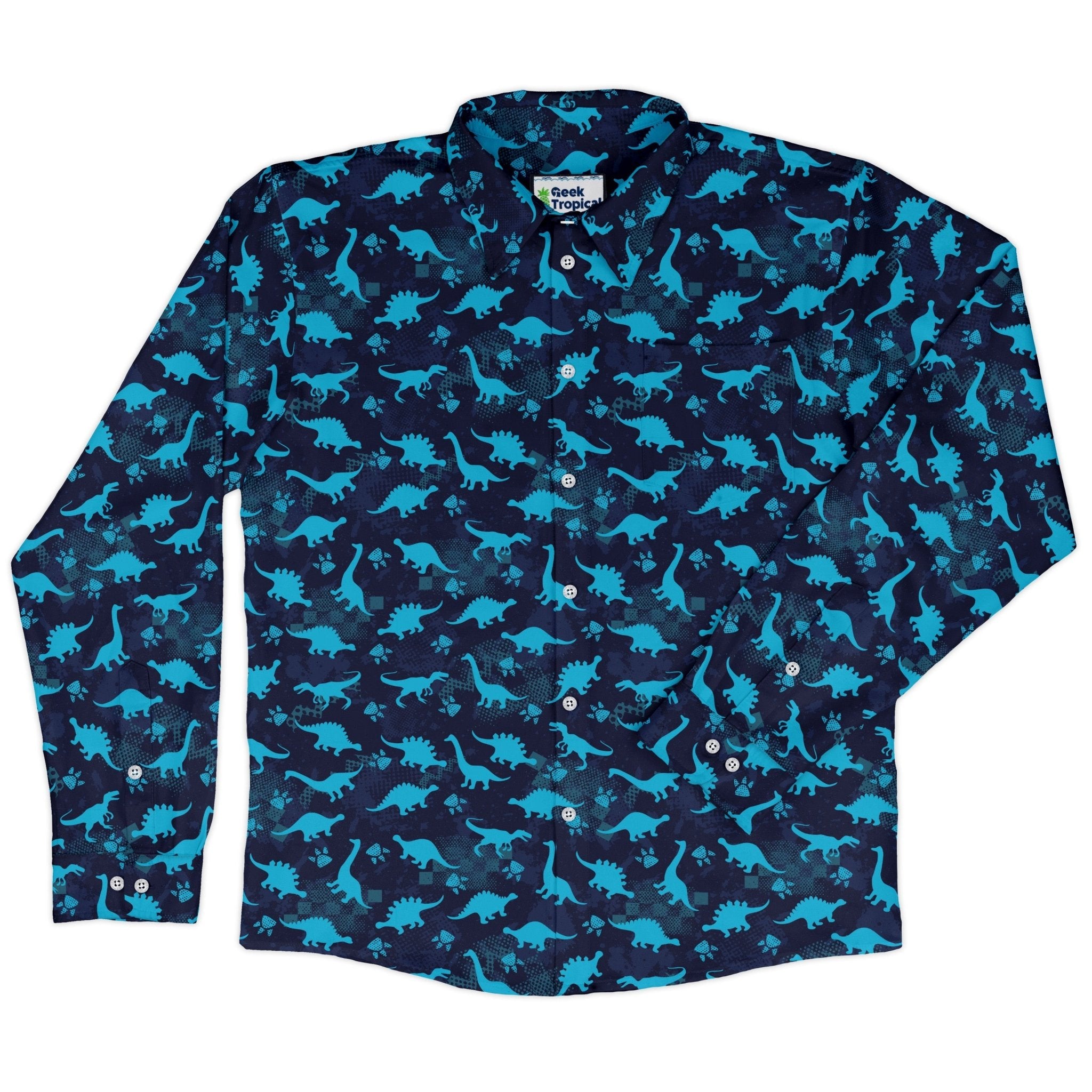 Dinosaur Urban Geometric Blue Dinosaur Long Sleeve Button Up Shirt Geek Nerd adult sizing dinosaur print FLOW DESC WRITING
