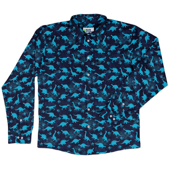 Dinosaur Urban Geometric Blue Dinosaur Long Sleeve Button Up Shirt Geek Nerd adult sizing dinosaur print FLOW DESC WRITING