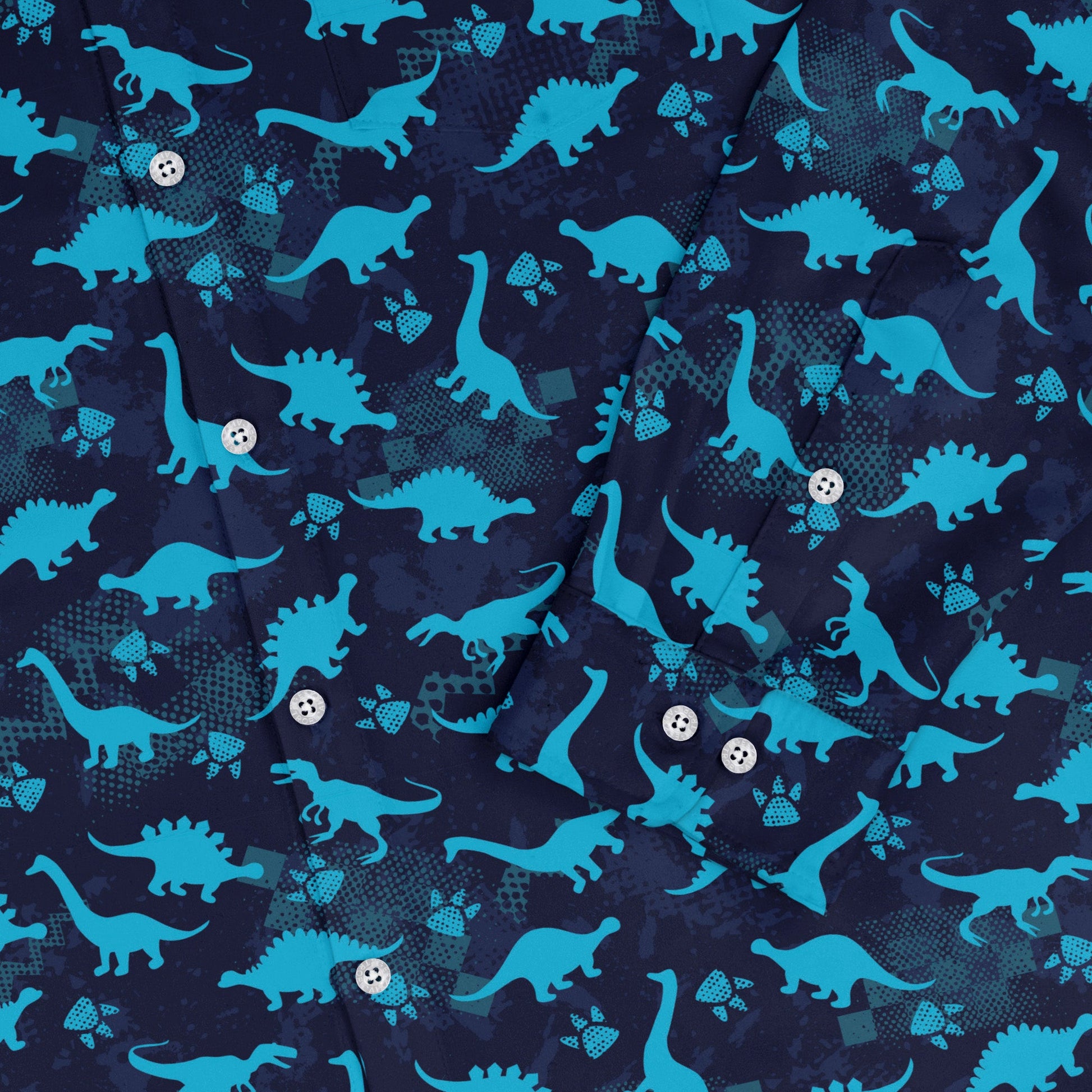 Dinosaur Urban Geometric Blue Dinosaur Long Sleeve Button Up Shirt Geek Nerd adult sizing dinosaur print FLOW DESC WRITING